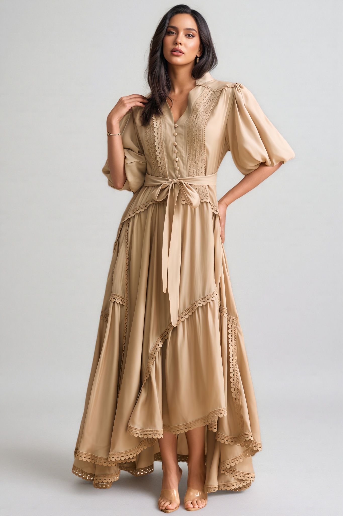 Beaufort Lace Trim Puff Sleeve Maxi Dress