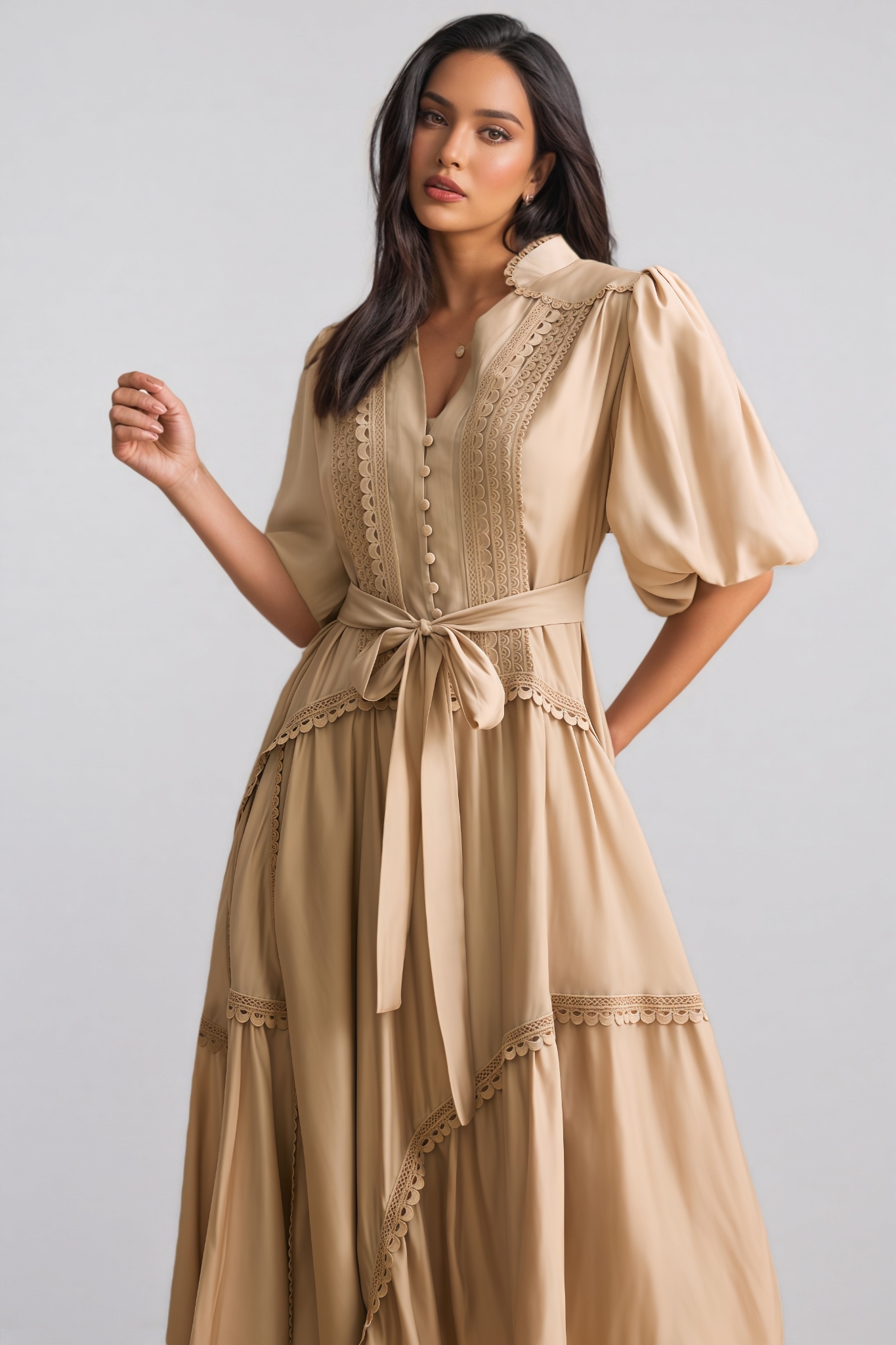 Beaufort Lace Trim Puff Sleeve Maxi Dress