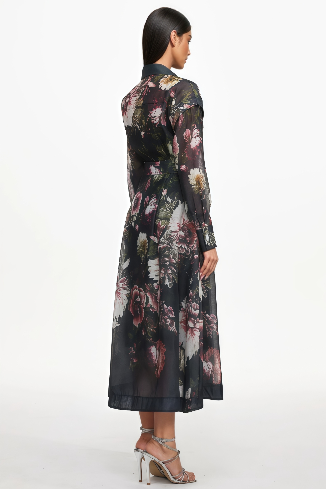 Matfw Long Sleeve Floral Print Black Midi Dress