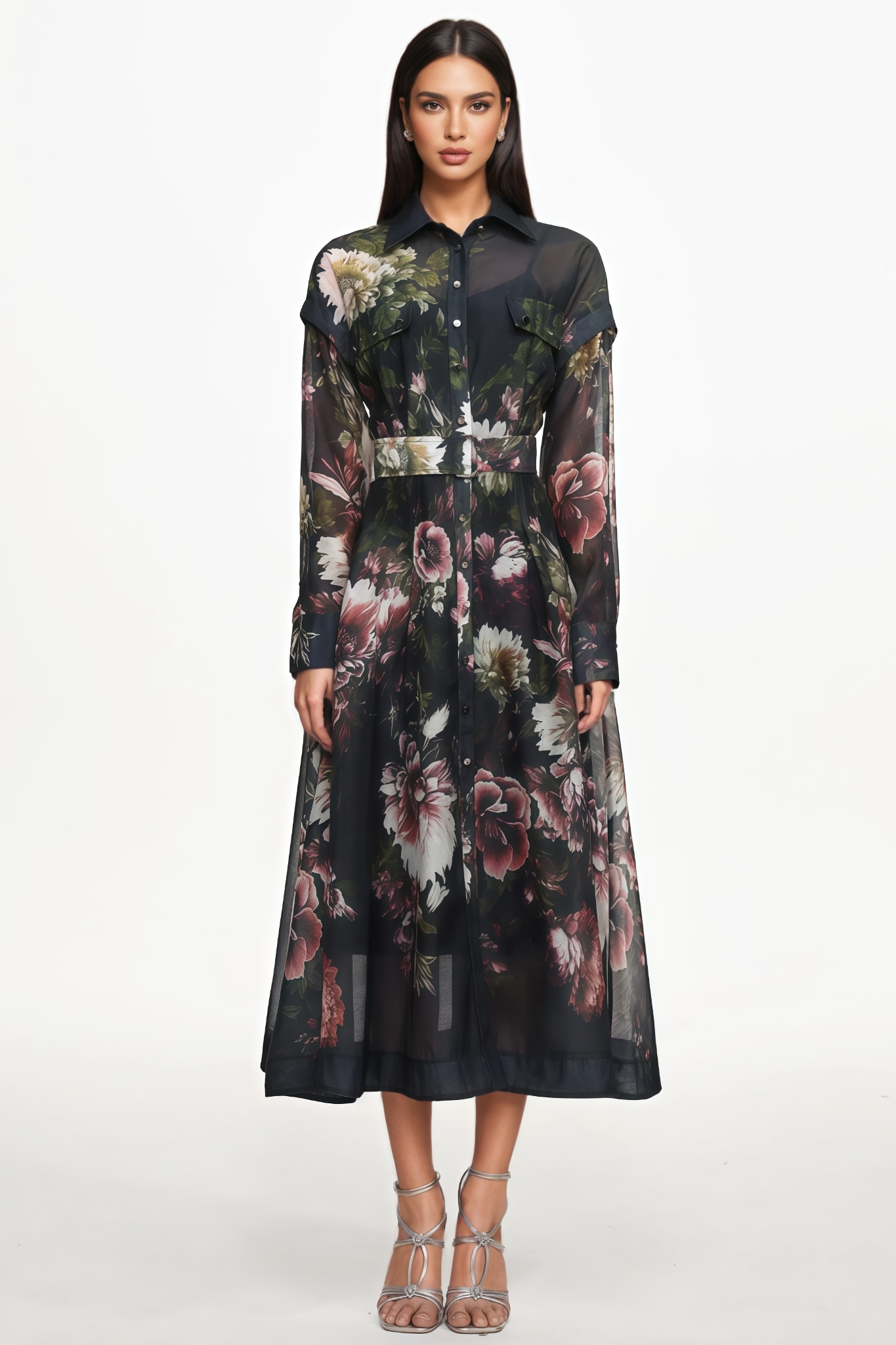 Matfw Long Sleeve Floral Print Black Midi Dress