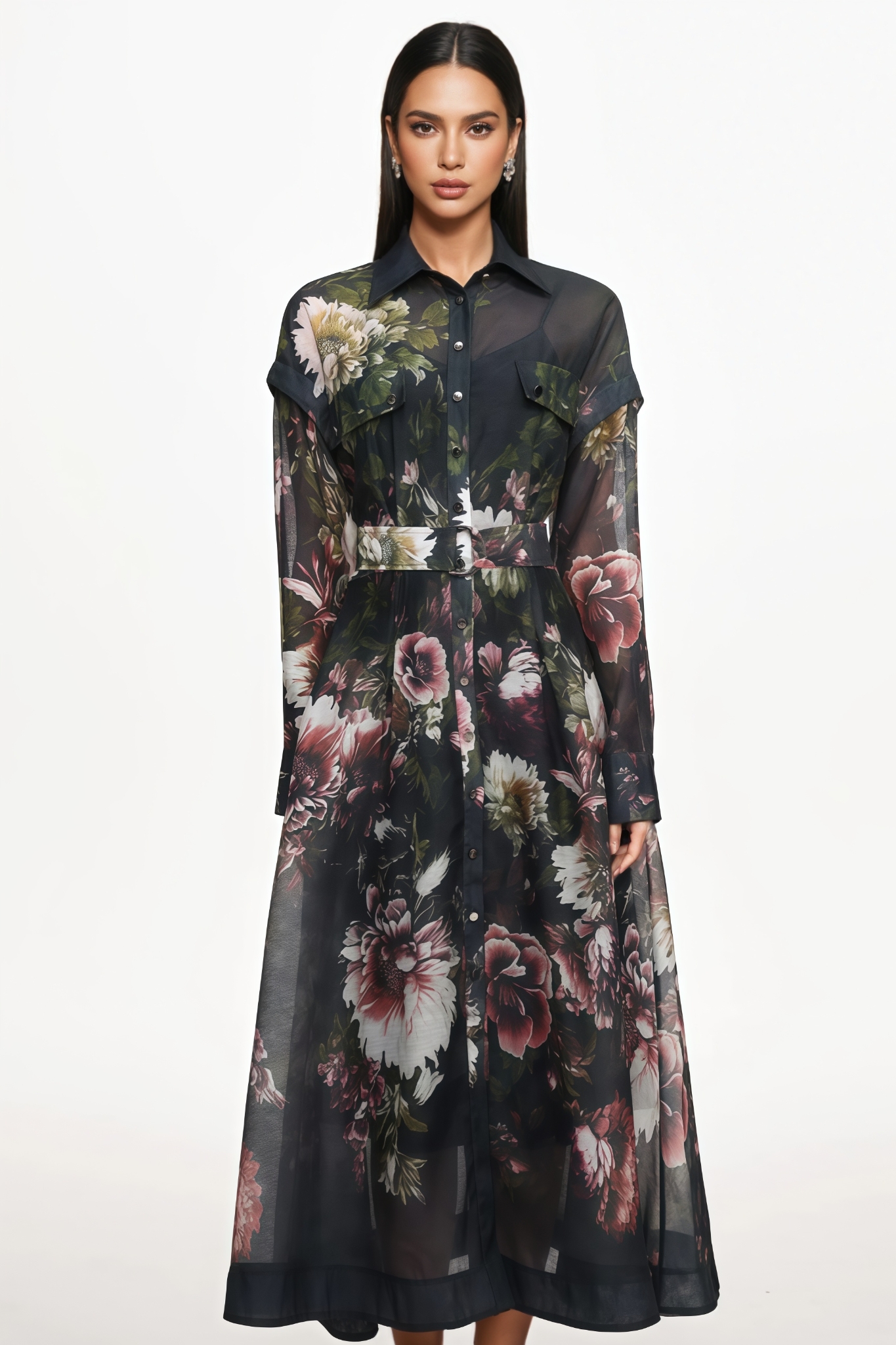 Matfw Long Sleeve Floral Print Black Midi Dress