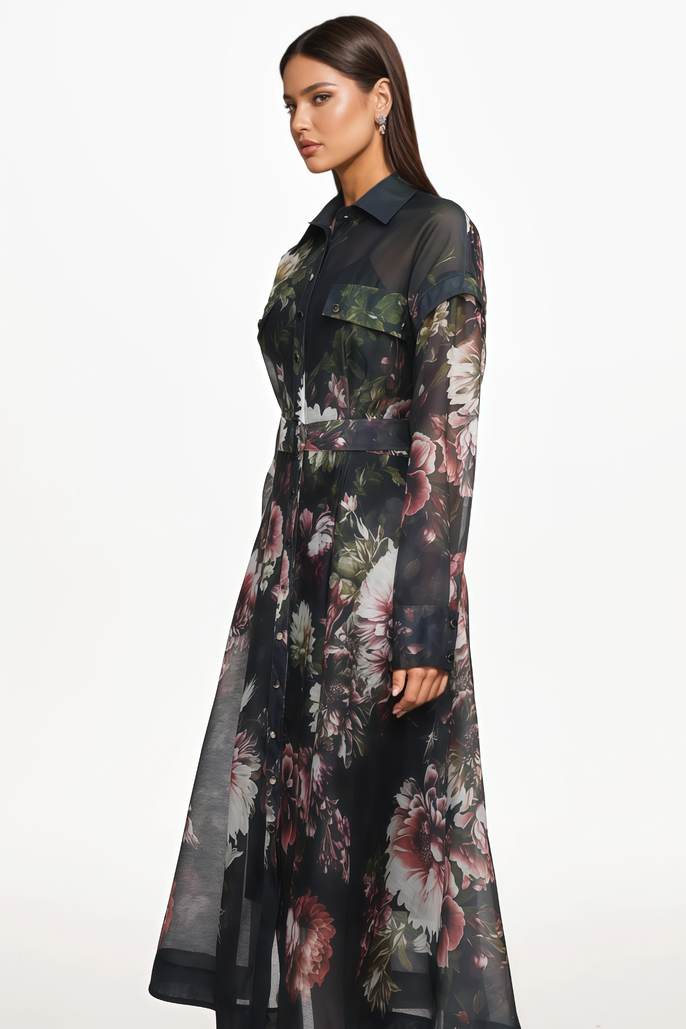 Matfw Long Sleeve Floral Print Black Midi Dress