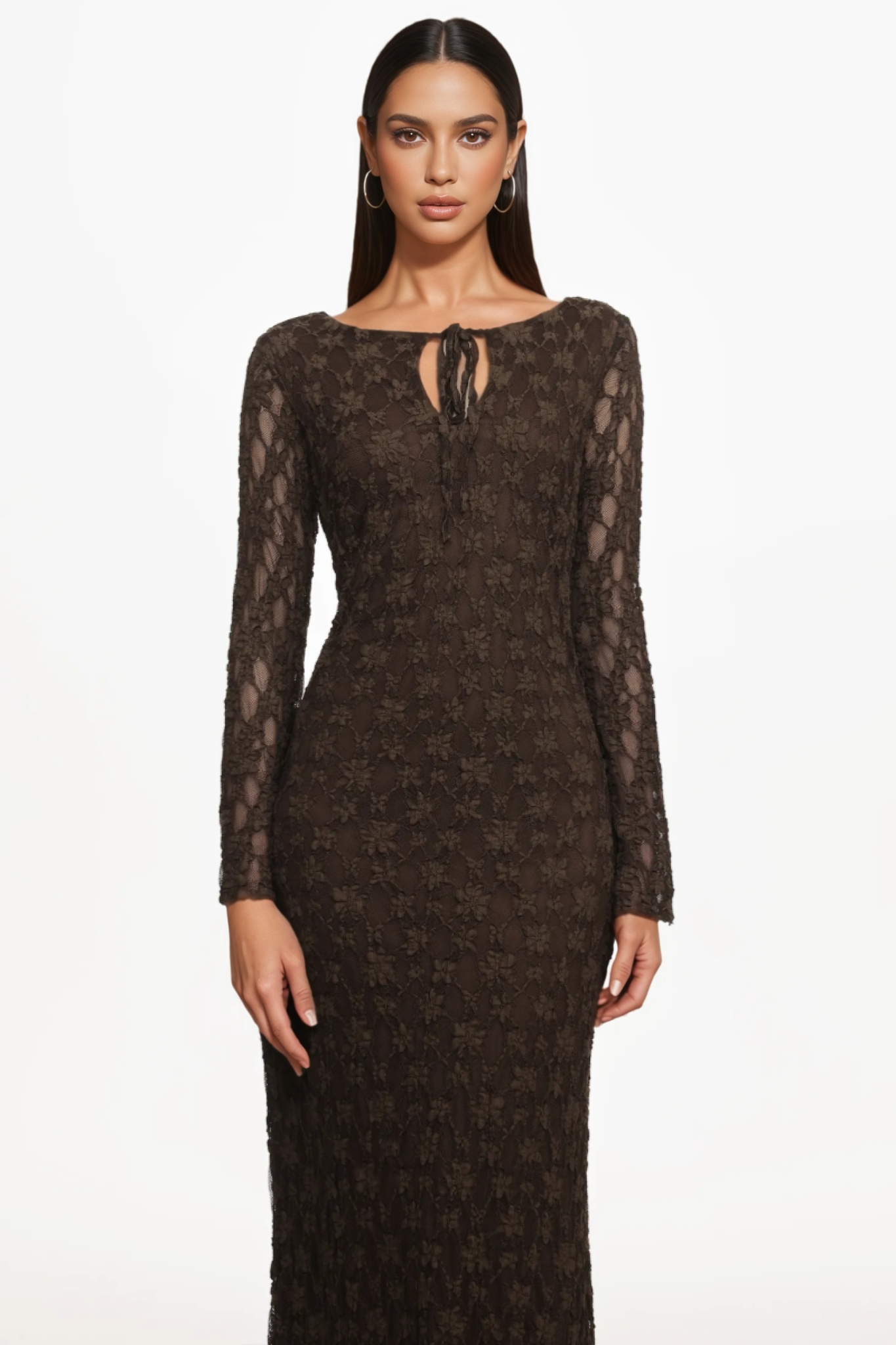 Elvlay Long Sleeve Lace Knit Maxi Dress