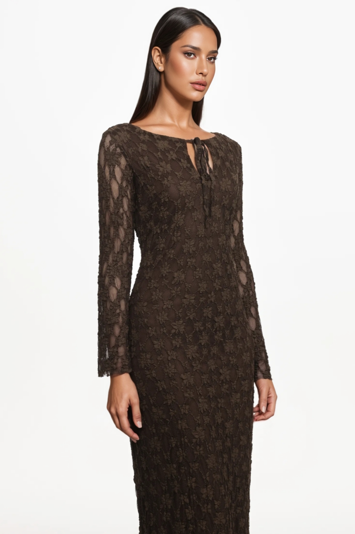 Elvlay Long Sleeve Lace Knit Maxi Dress