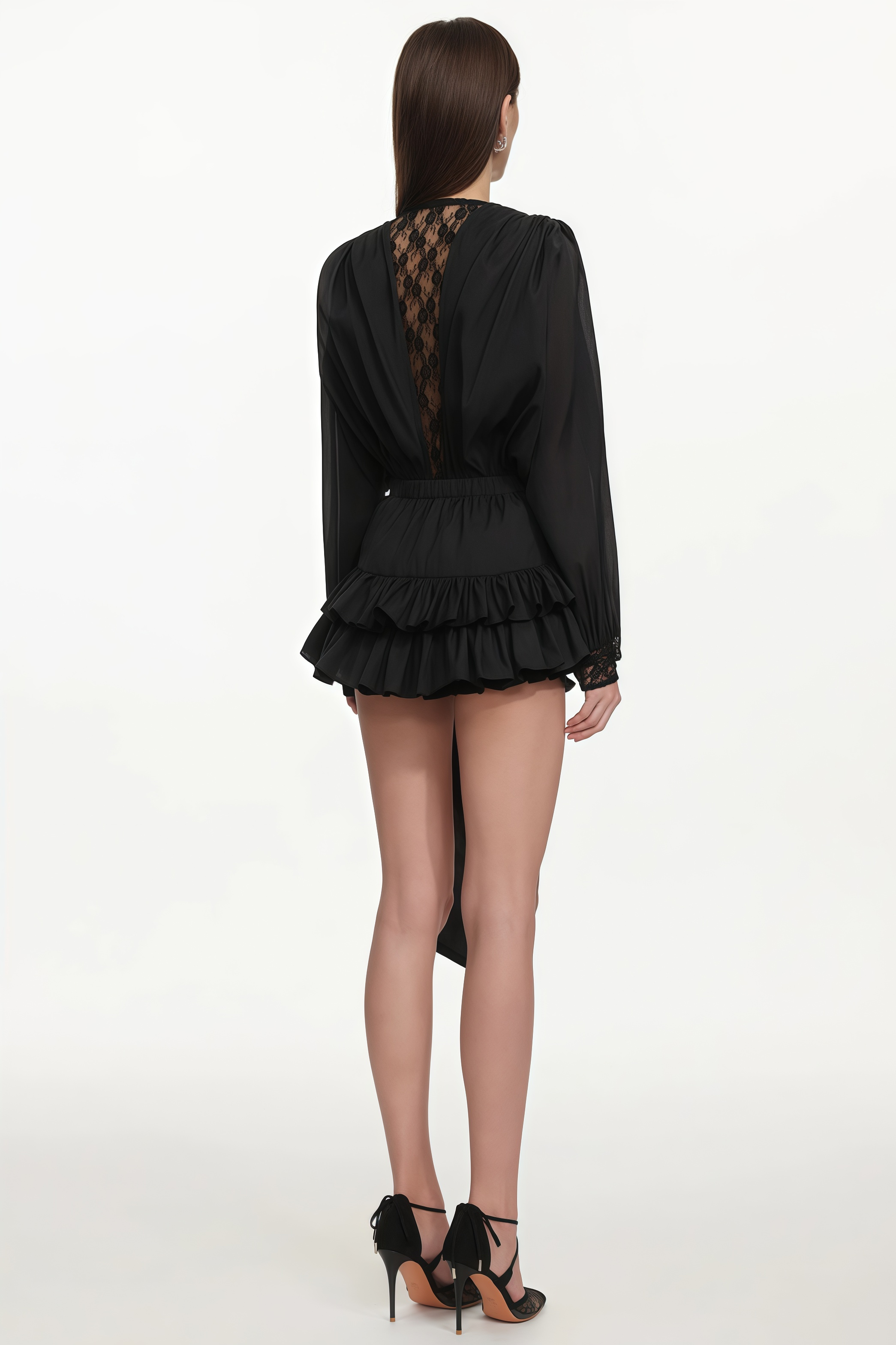 Greyly Long Sleeve Buttoned Ruched Lace Mini Dress