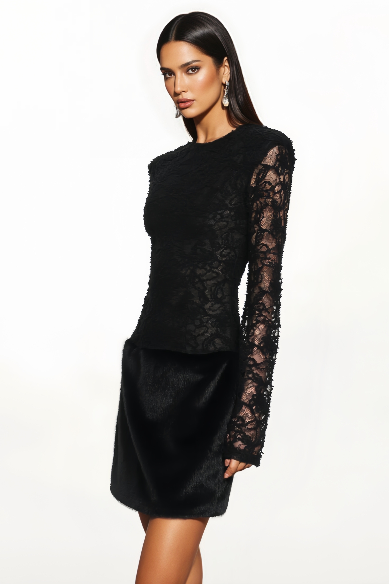 Derict Black Long Sleeve Lace Mini Dress