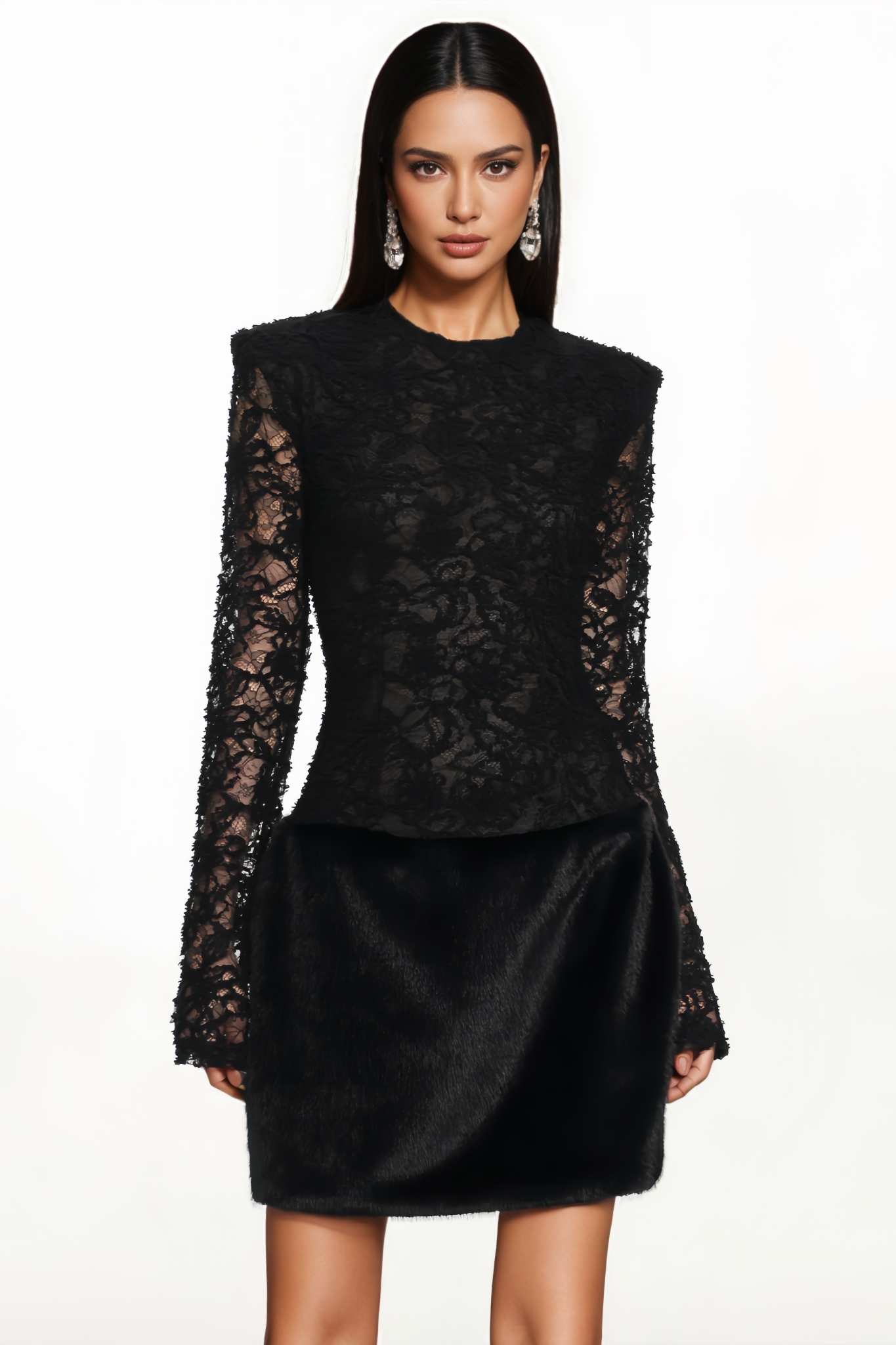 Derict Black Long Sleeve Lace Mini Dress