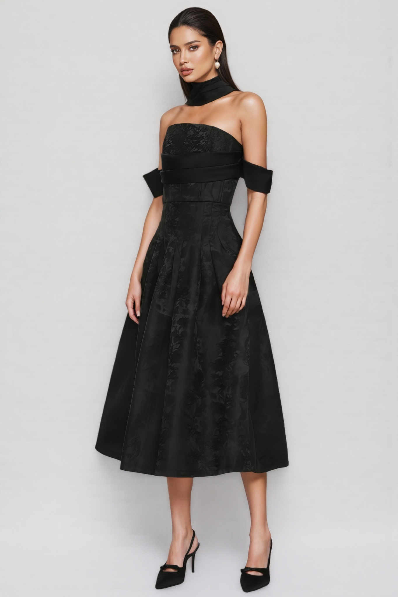 Odrlat Off Shoulder Pleated Floral Midi Dress