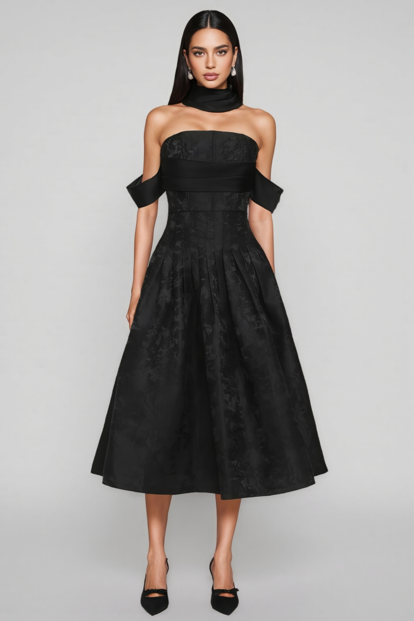 Odrlat Off Shoulder Pleated Floral Midi Dress