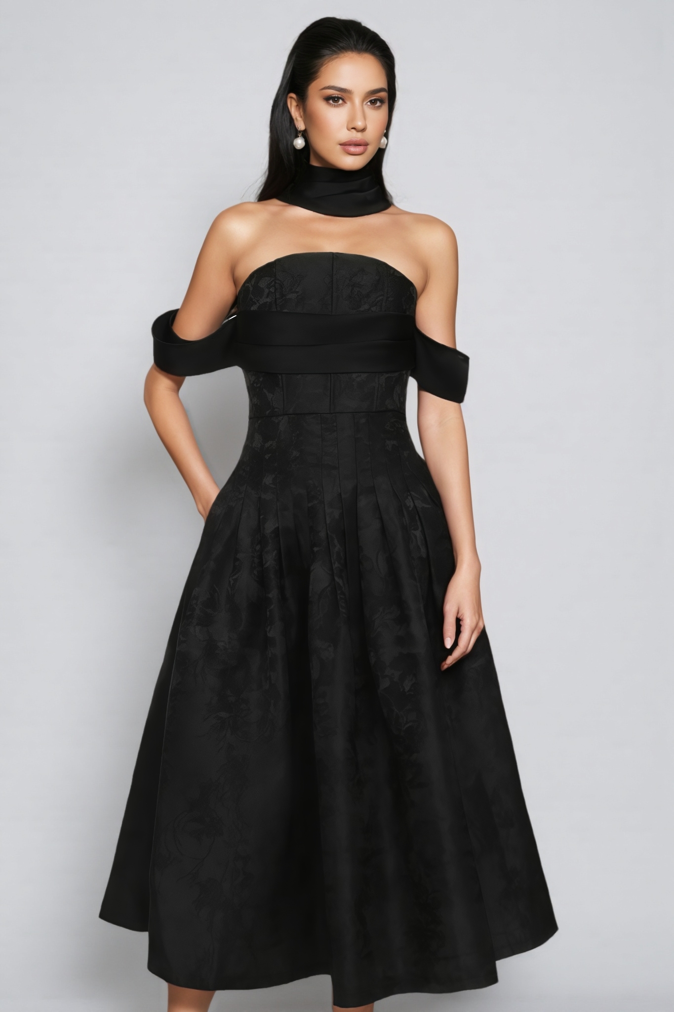 Odrlat Off Shoulder Pleated Floral Midi Dress