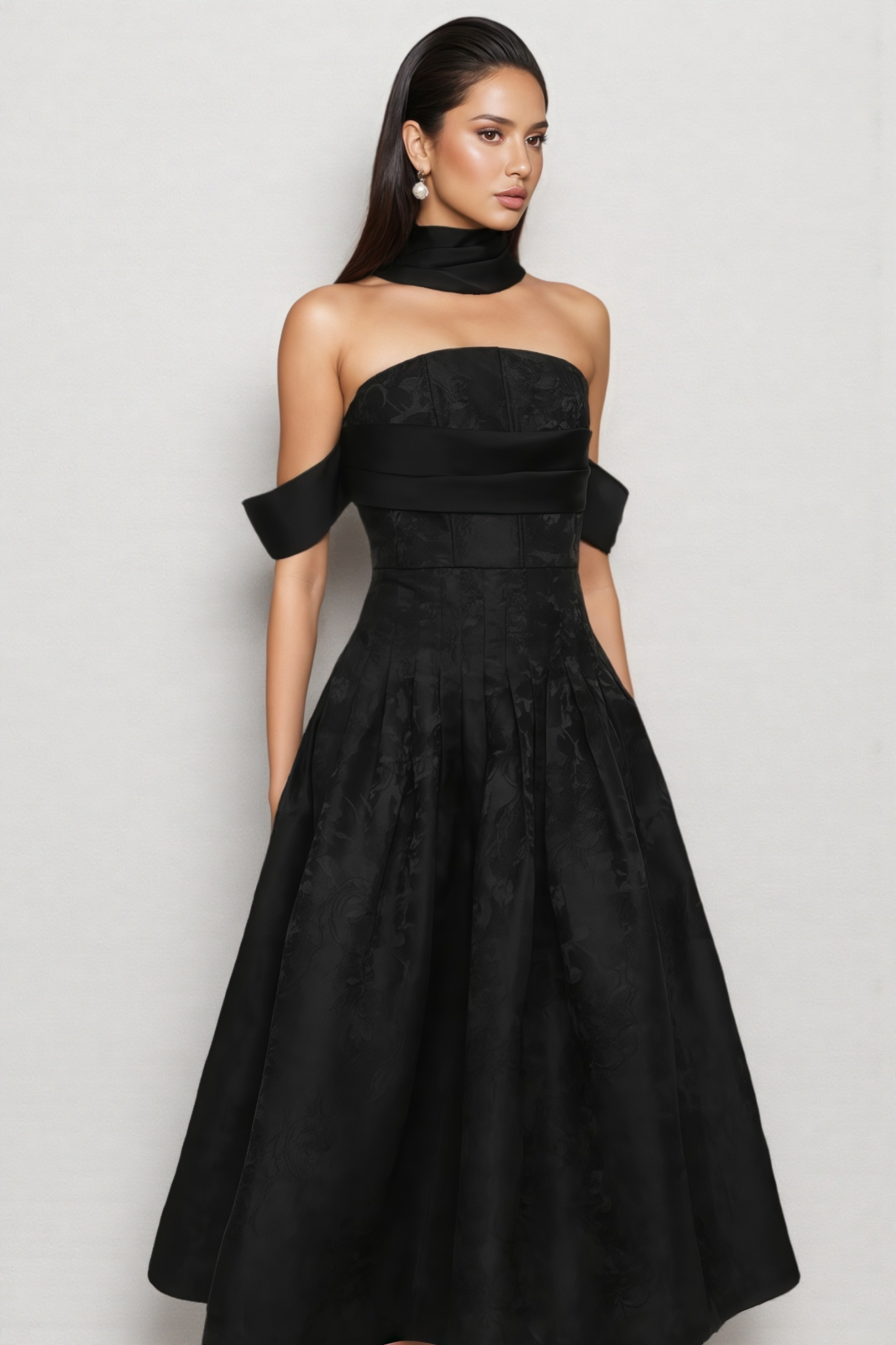 Odrlat Off Shoulder Pleated Floral Midi Dress