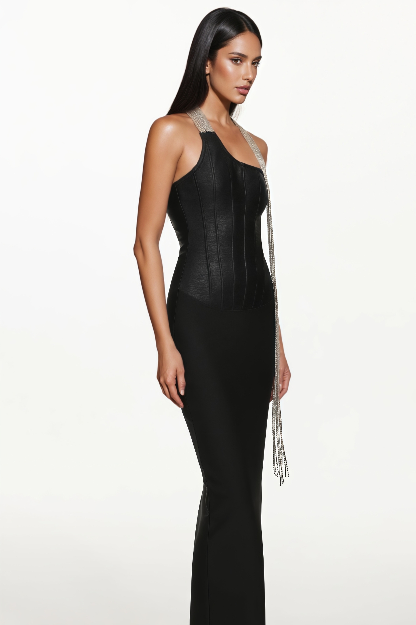 Adrive One Shoulder Metal Fringe Bandage Maxi Dress