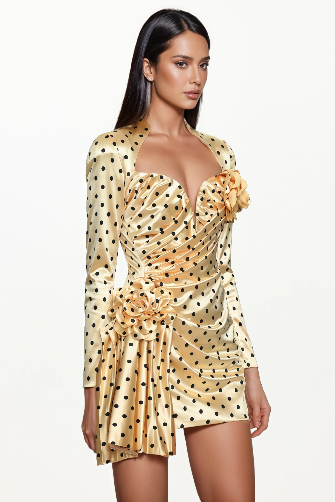 Hirornt Yellow Pleated Polka Dot Floral Mini Dress