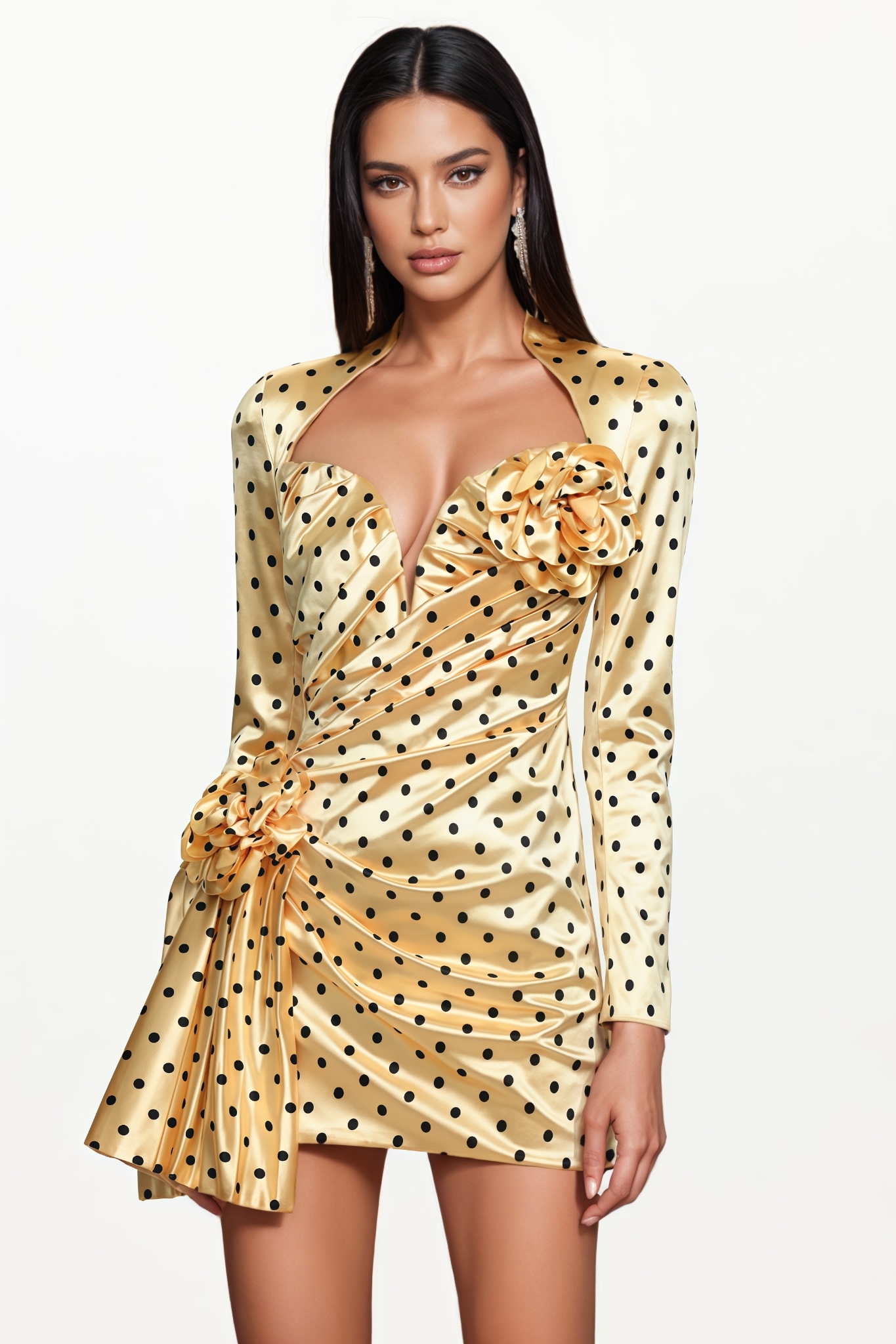 Hirornt Yellow Pleated Polka Dot Floral Mini Dress