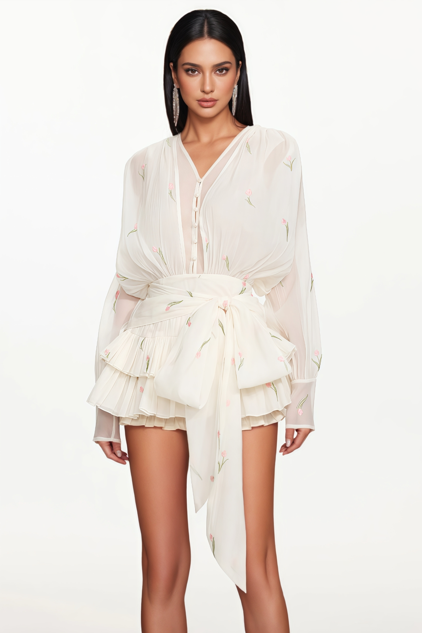Olshiny Long Sleeve Buttoned Ruffle Floral Mini Dress