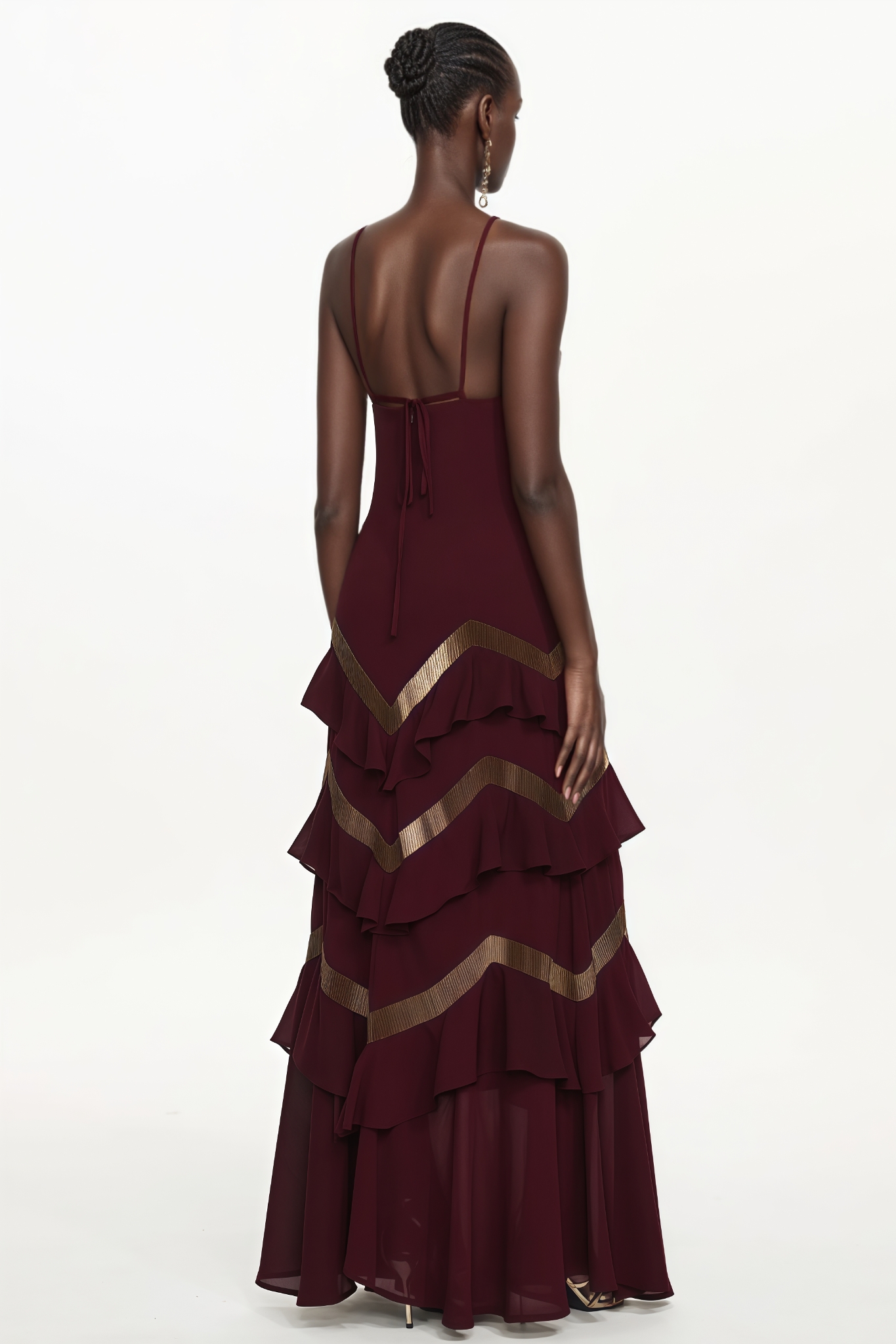 Loagrn Halter Embellished Ruffle Maxi Dress