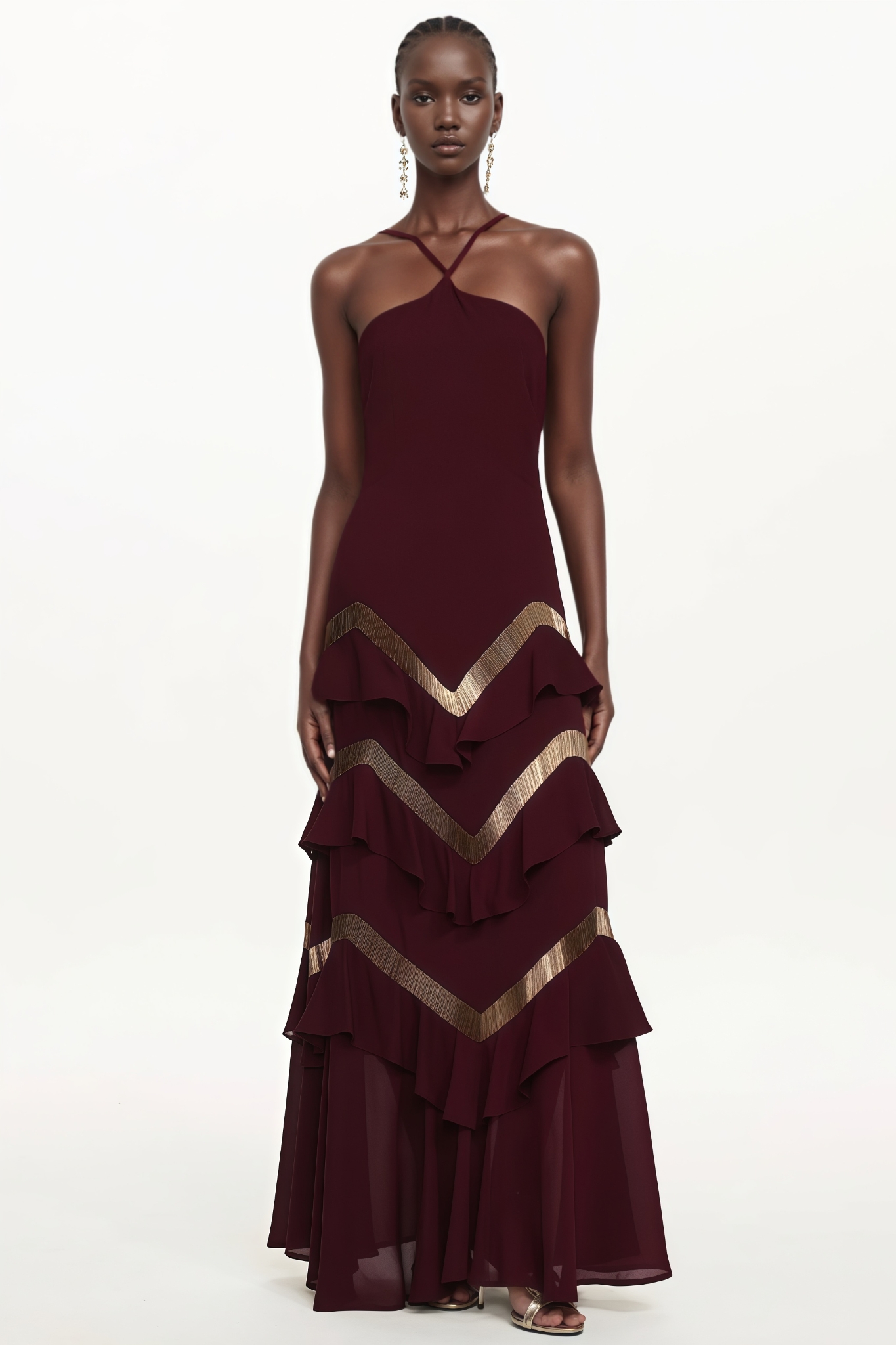 Loagrn Halter Embellished Ruffle Maxi Dress