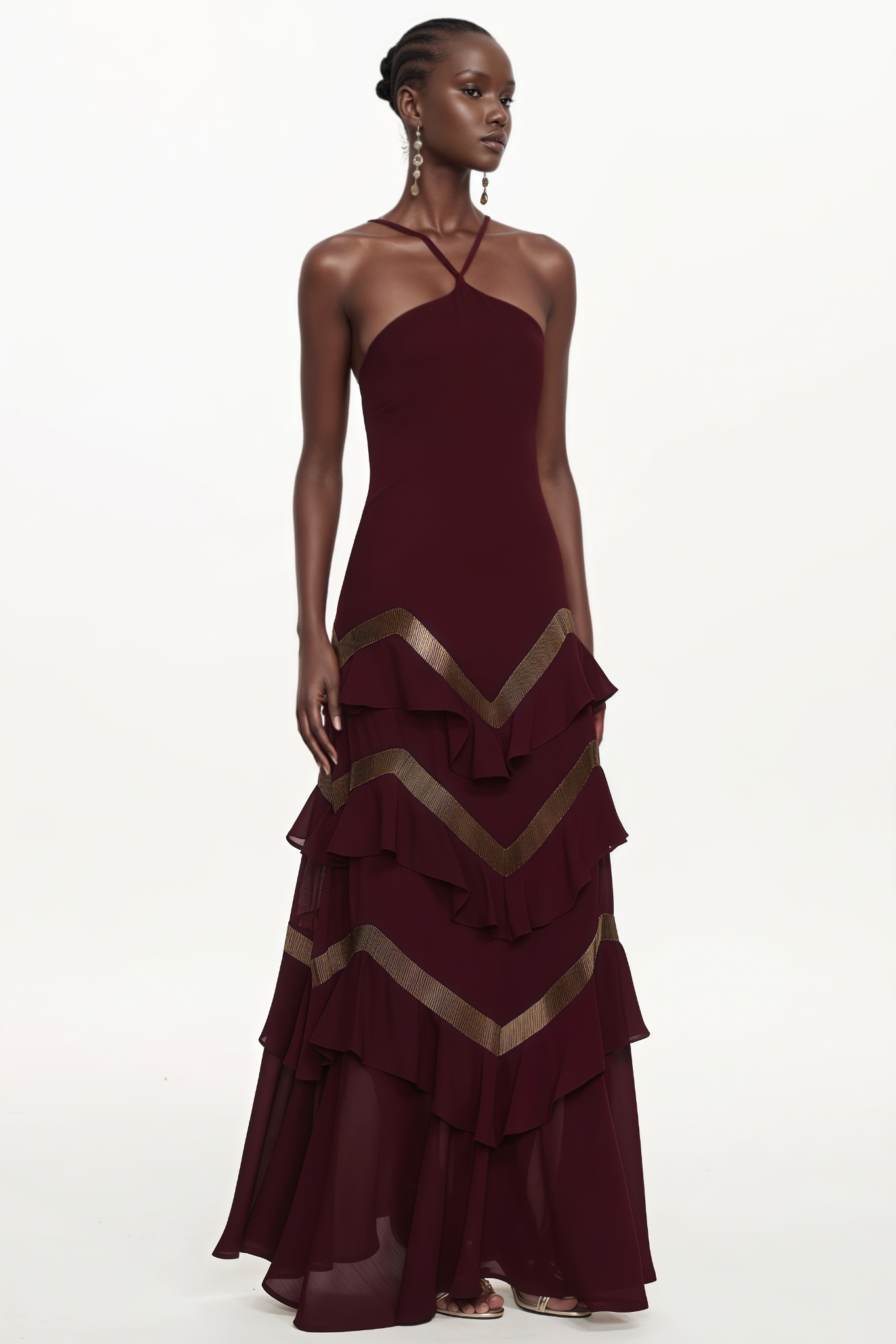 Loagrn Halter Embellished Ruffle Maxi Dress