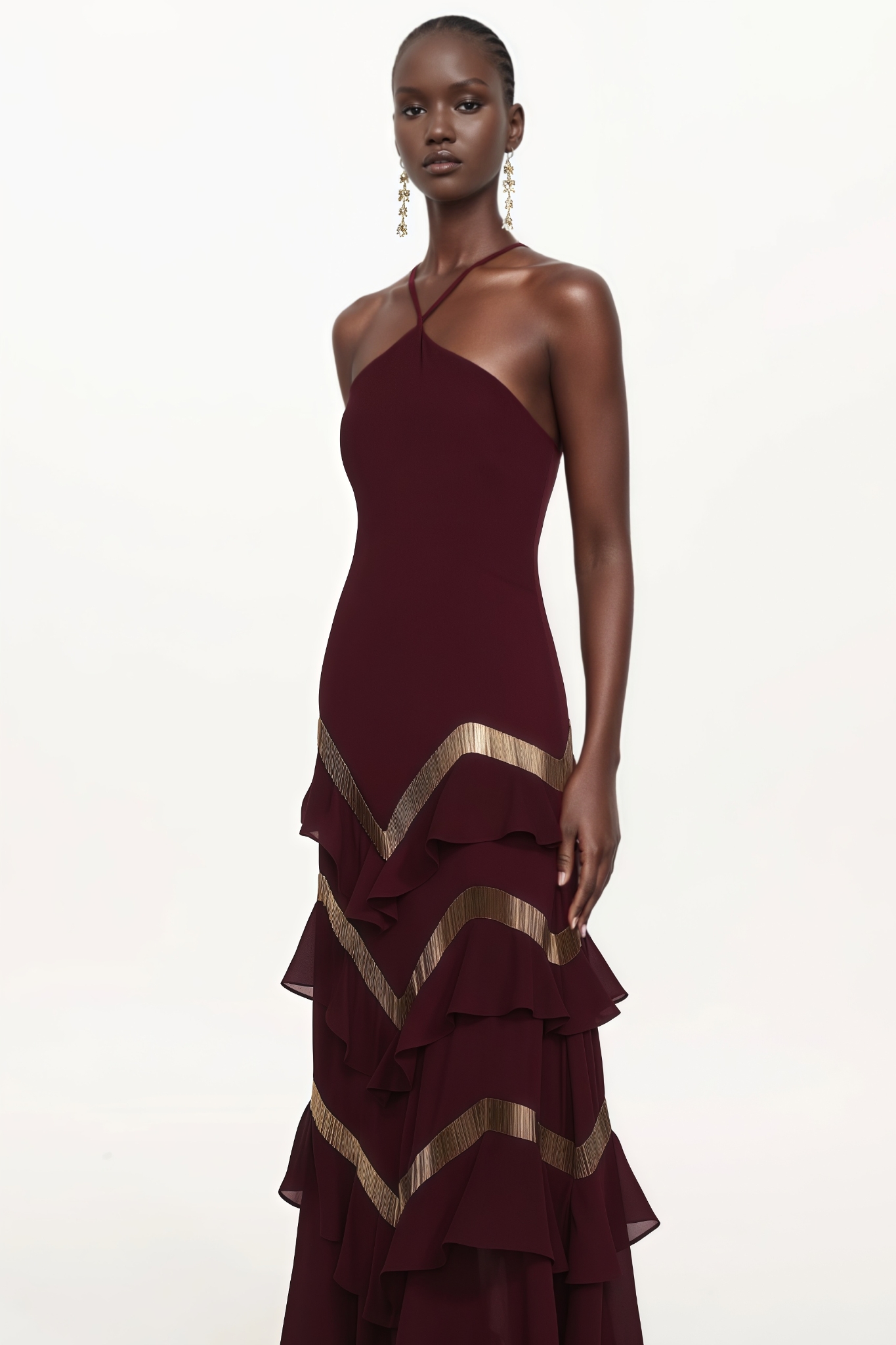 Loagrn Halter Embellished Ruffle Maxi Dress