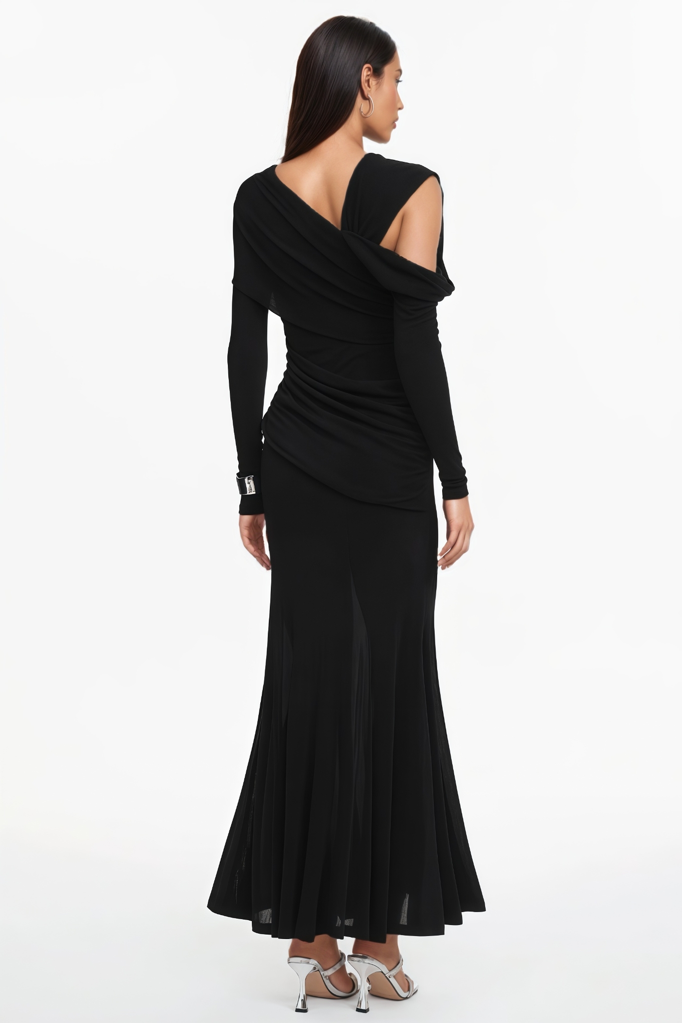 Garern One Shoulder Ruched Knit Black Maxi Dress