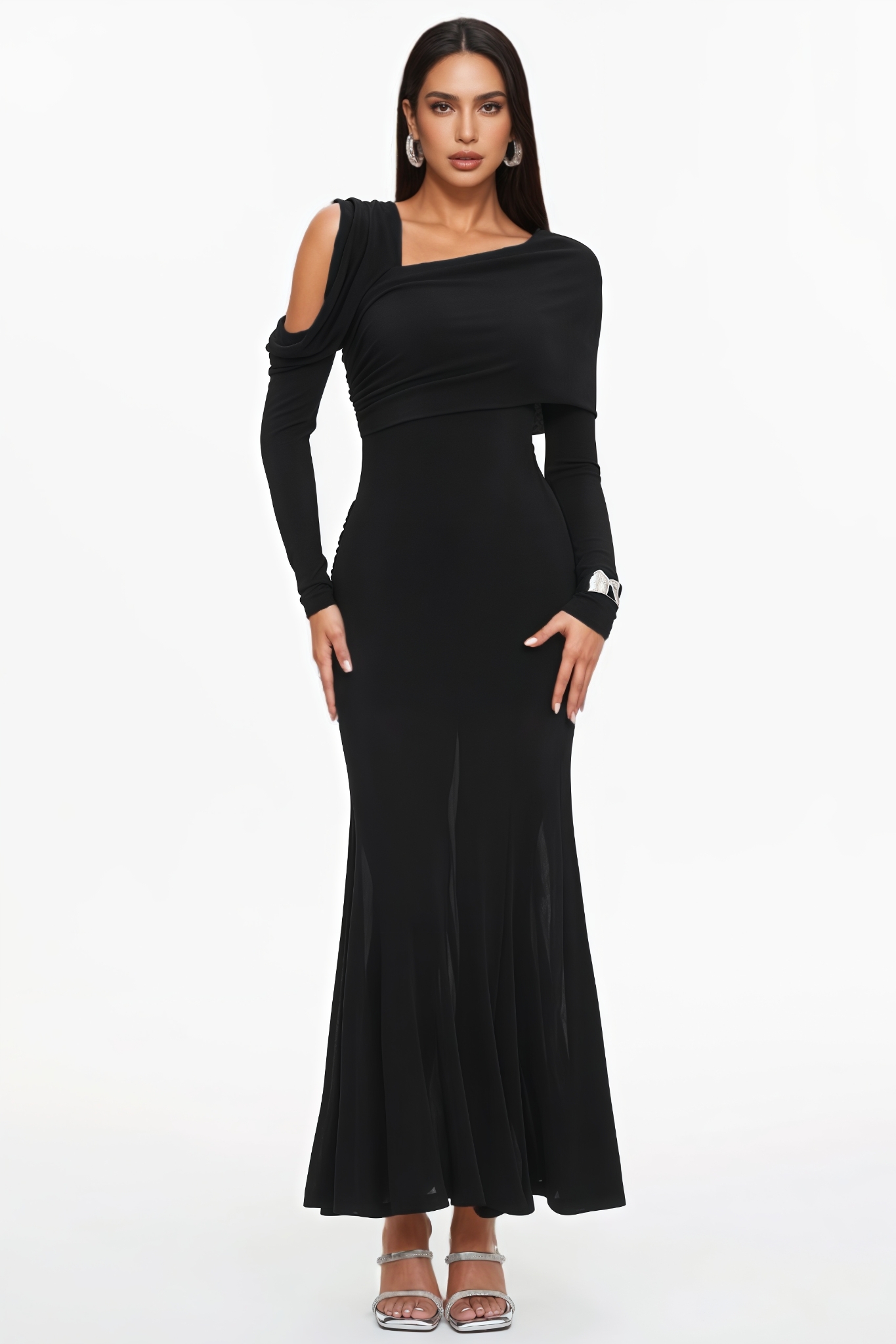 Garern One Shoulder Ruched Knit Black Maxi Dress