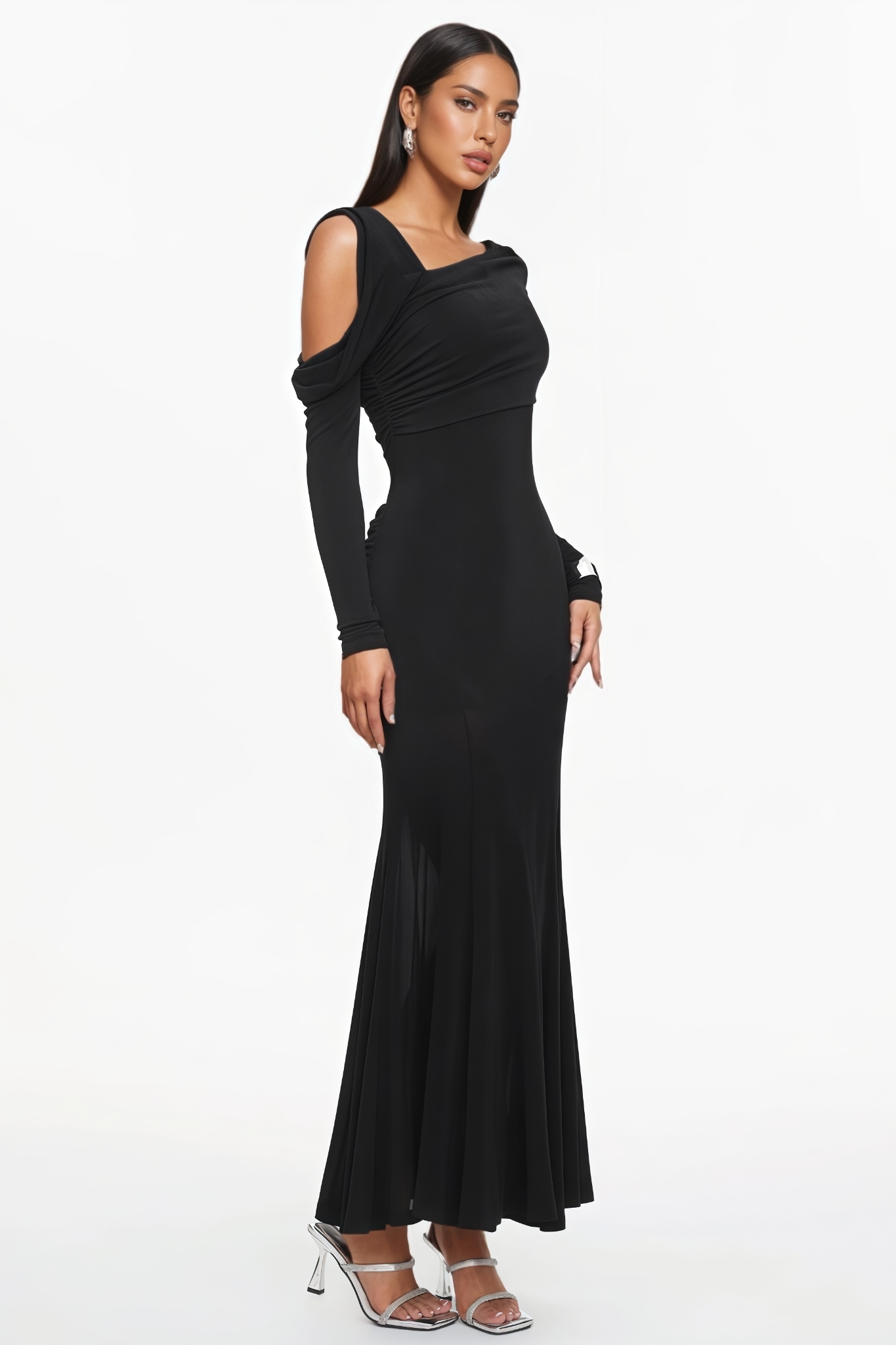 Garern One Shoulder Ruched Knit Black Maxi Dress