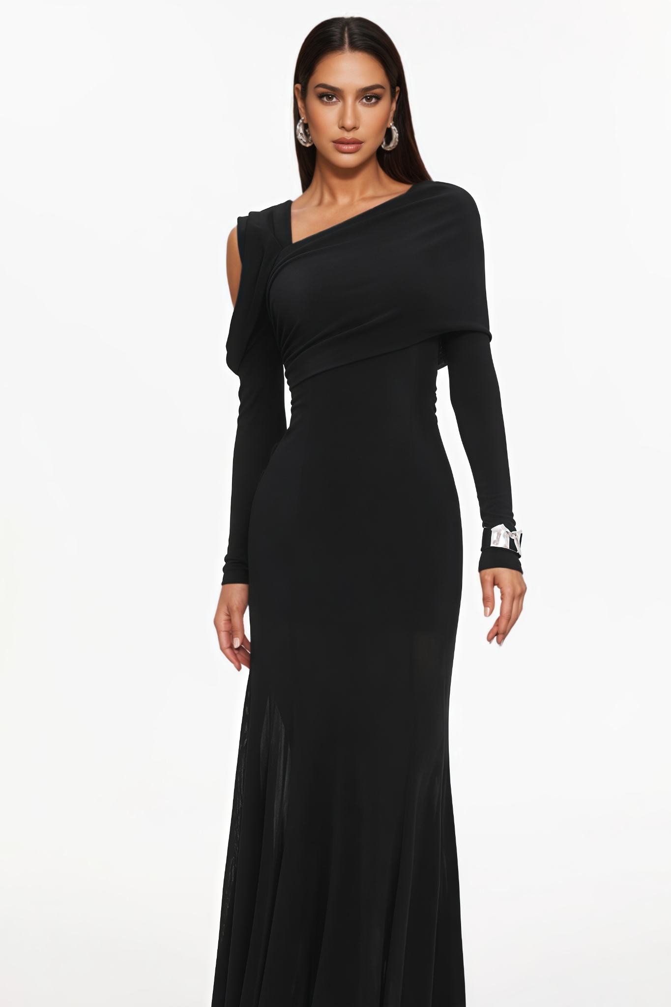 Garern One Shoulder Ruched Knit Black Maxi Dress