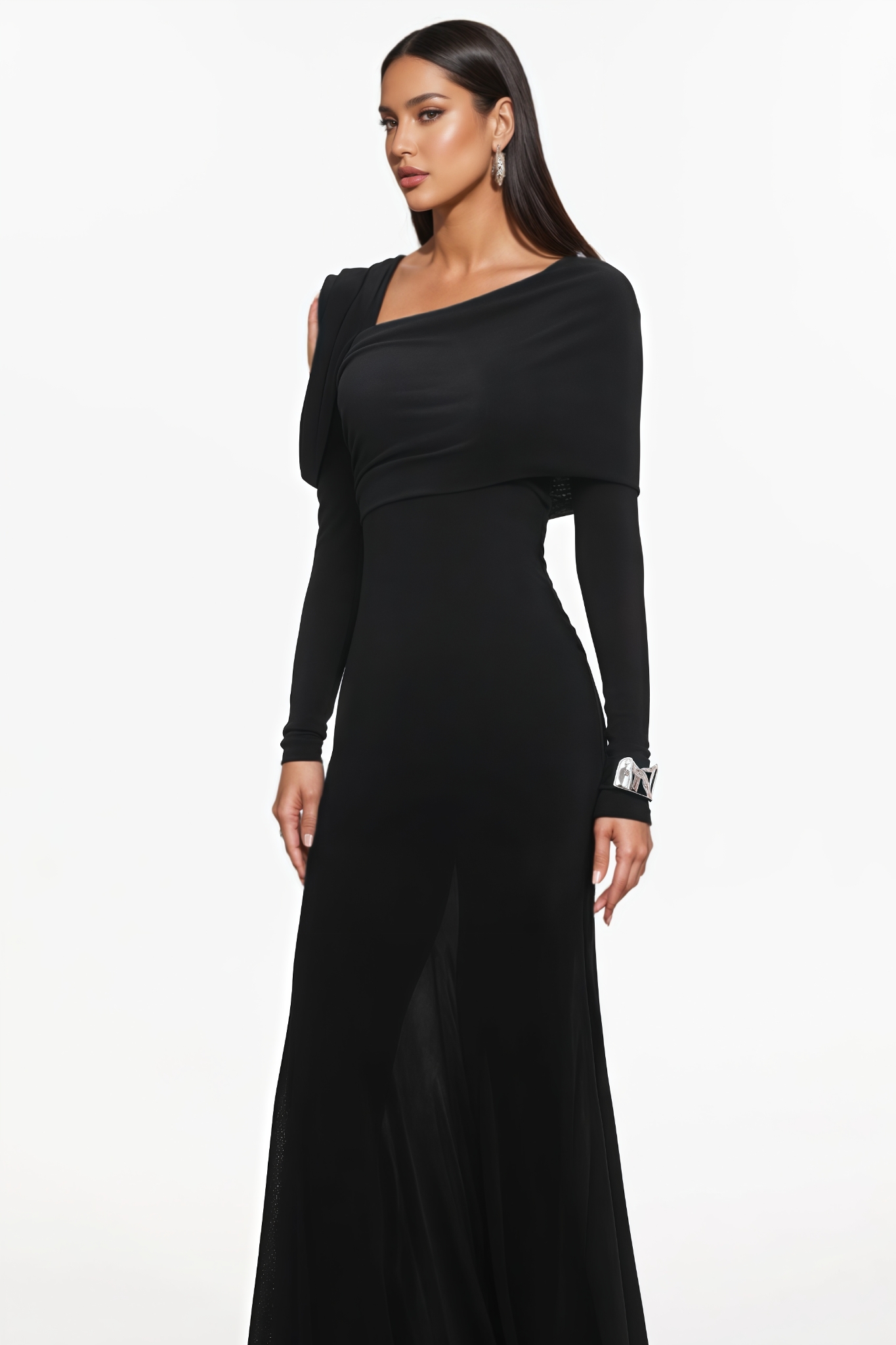 Garern One Shoulder Ruched Knit Black Maxi Dress