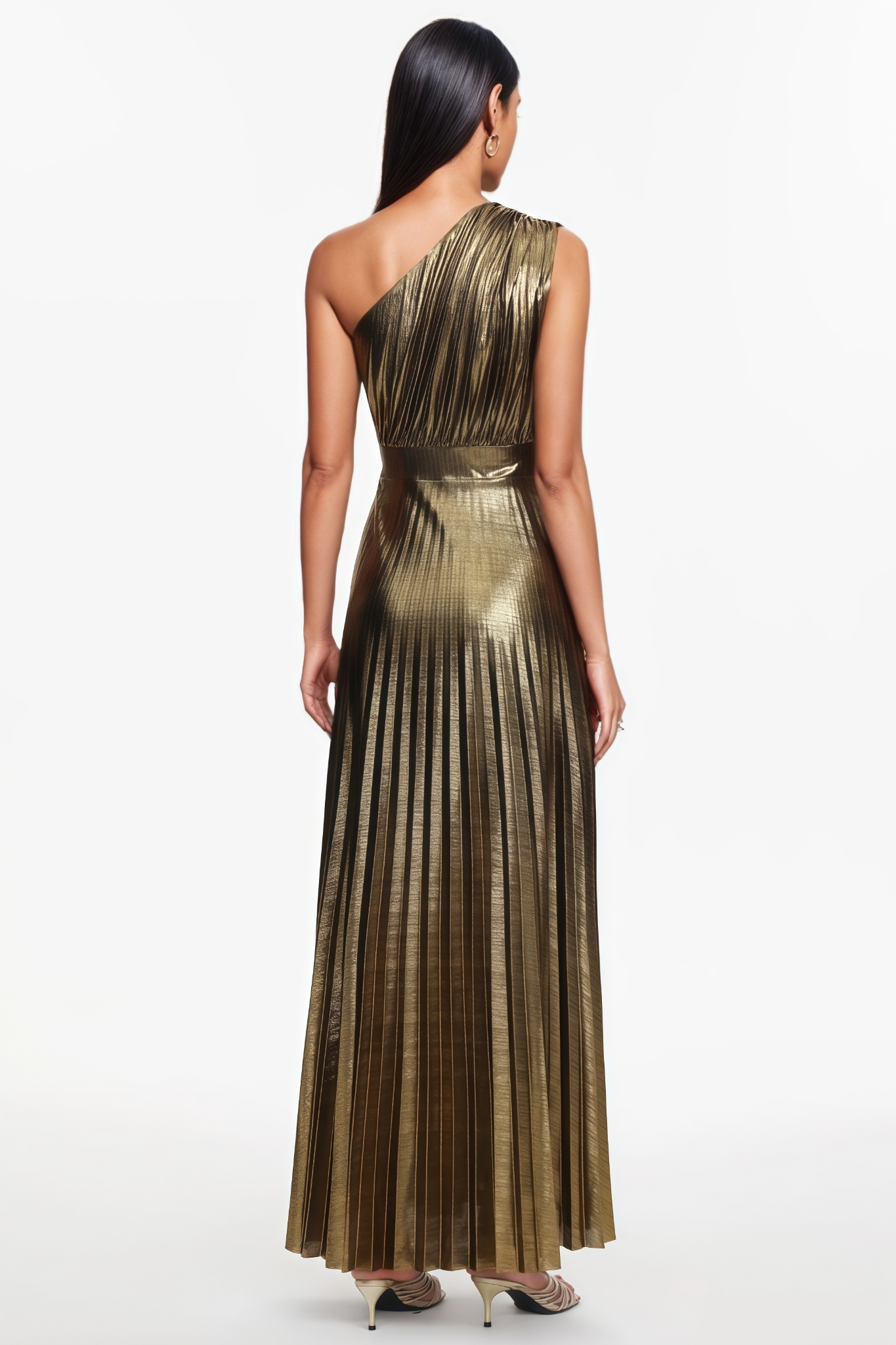 Quiesk One Shoulder Pleated Metallic Maxi Dress