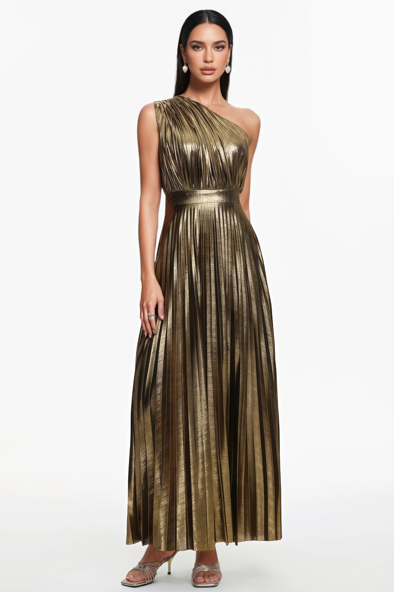 Quiesk One Shoulder Pleated Metallic Maxi Dress