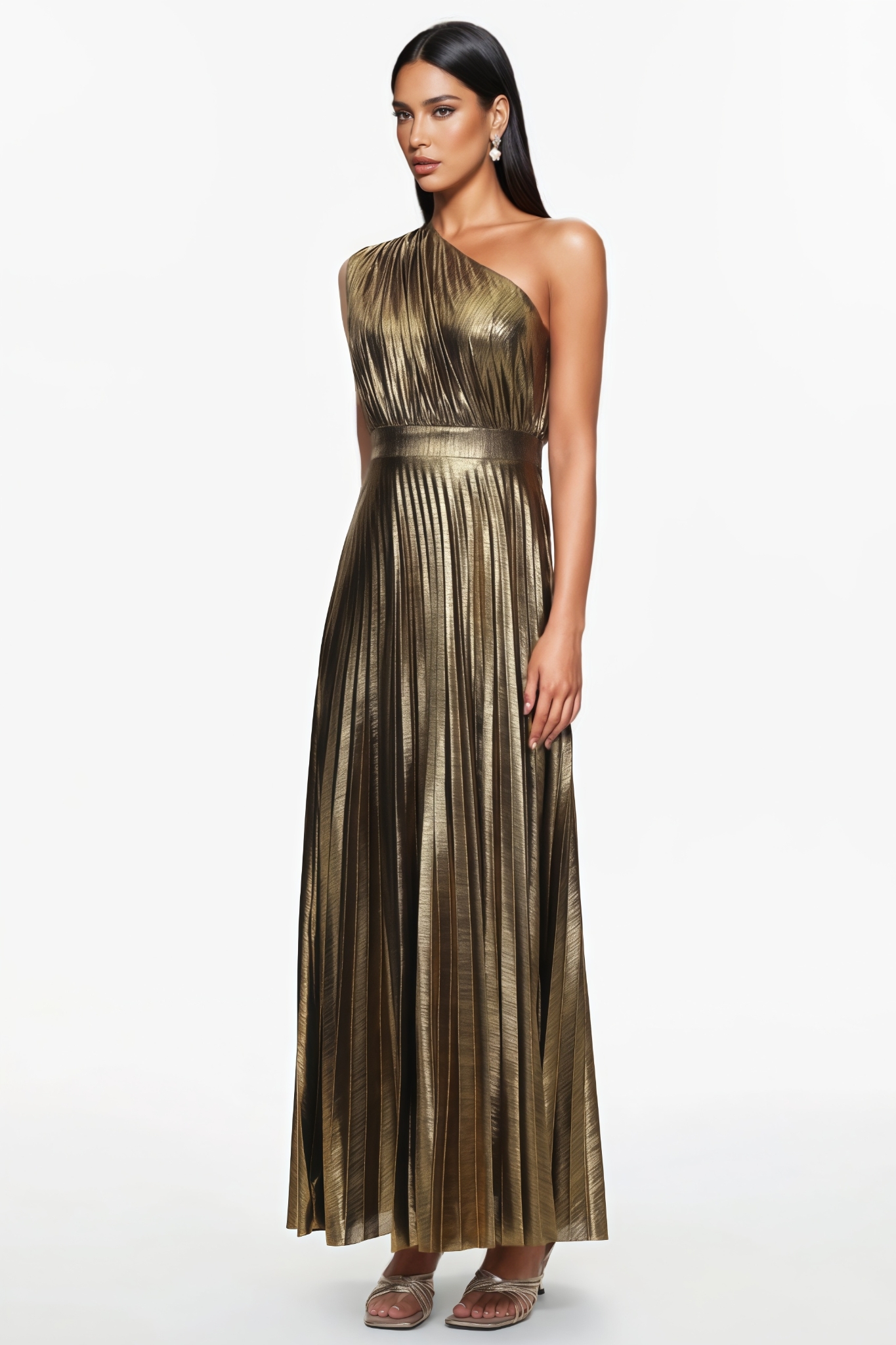 Quiesk One Shoulder Pleated Metallic Maxi Dress