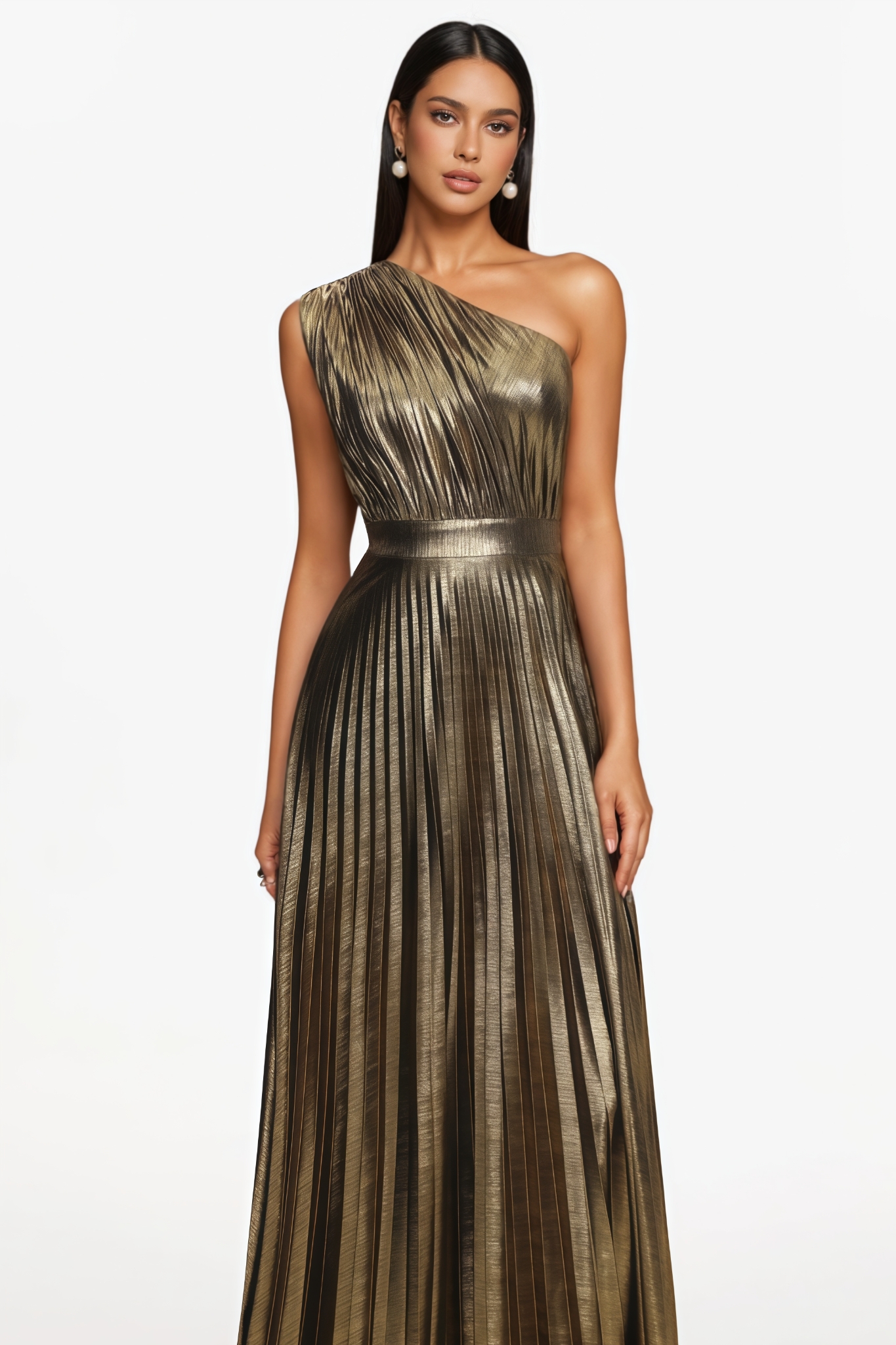 Quiesk One Shoulder Pleated Metallic Maxi Dress