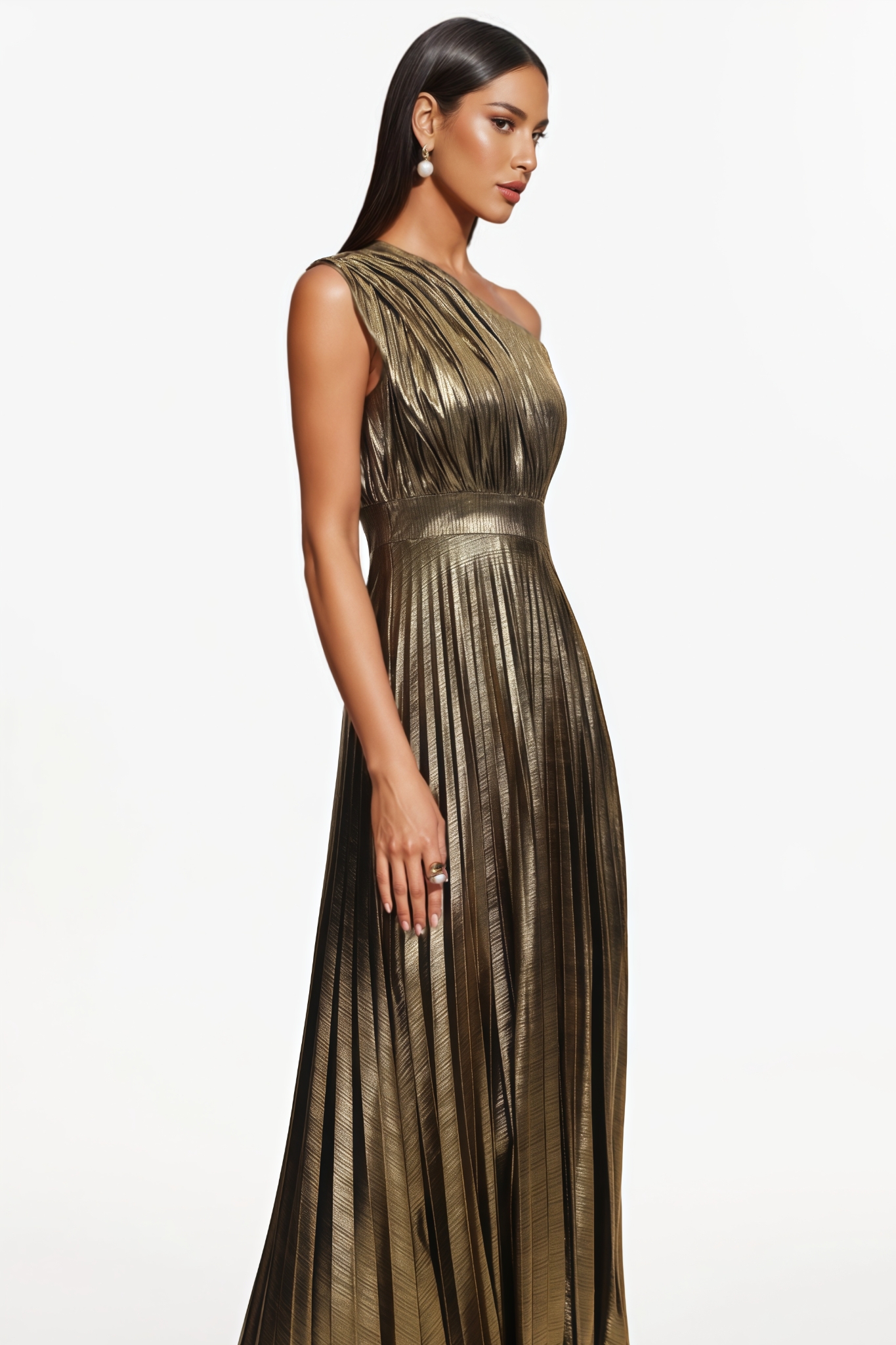 Quiesk One Shoulder Pleated Metallic Maxi Dress