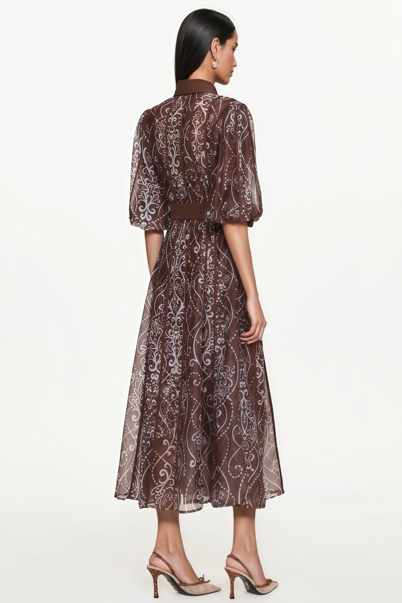 Avhry Puff Sleeve Floral Brown Maxi Dress