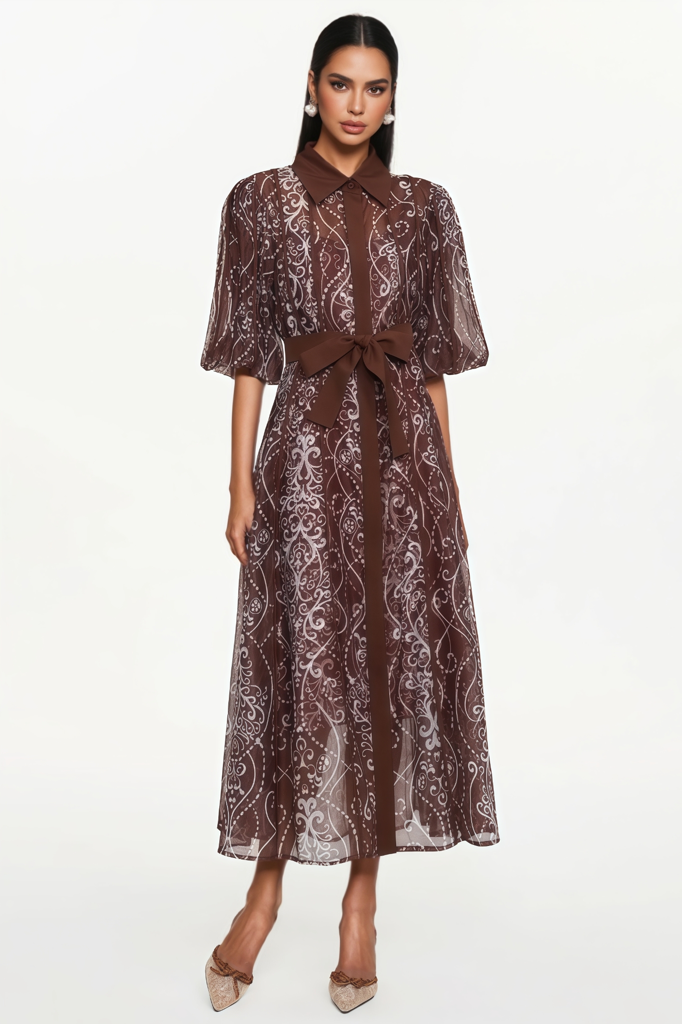 Avhry Puff Sleeve Floral Brown Maxi Dress