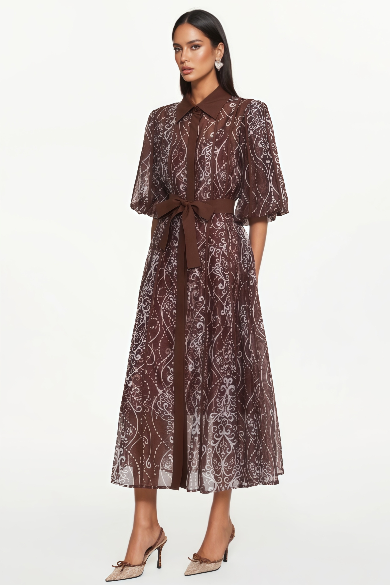 Avhry Puff Sleeve Floral Brown Maxi Dress