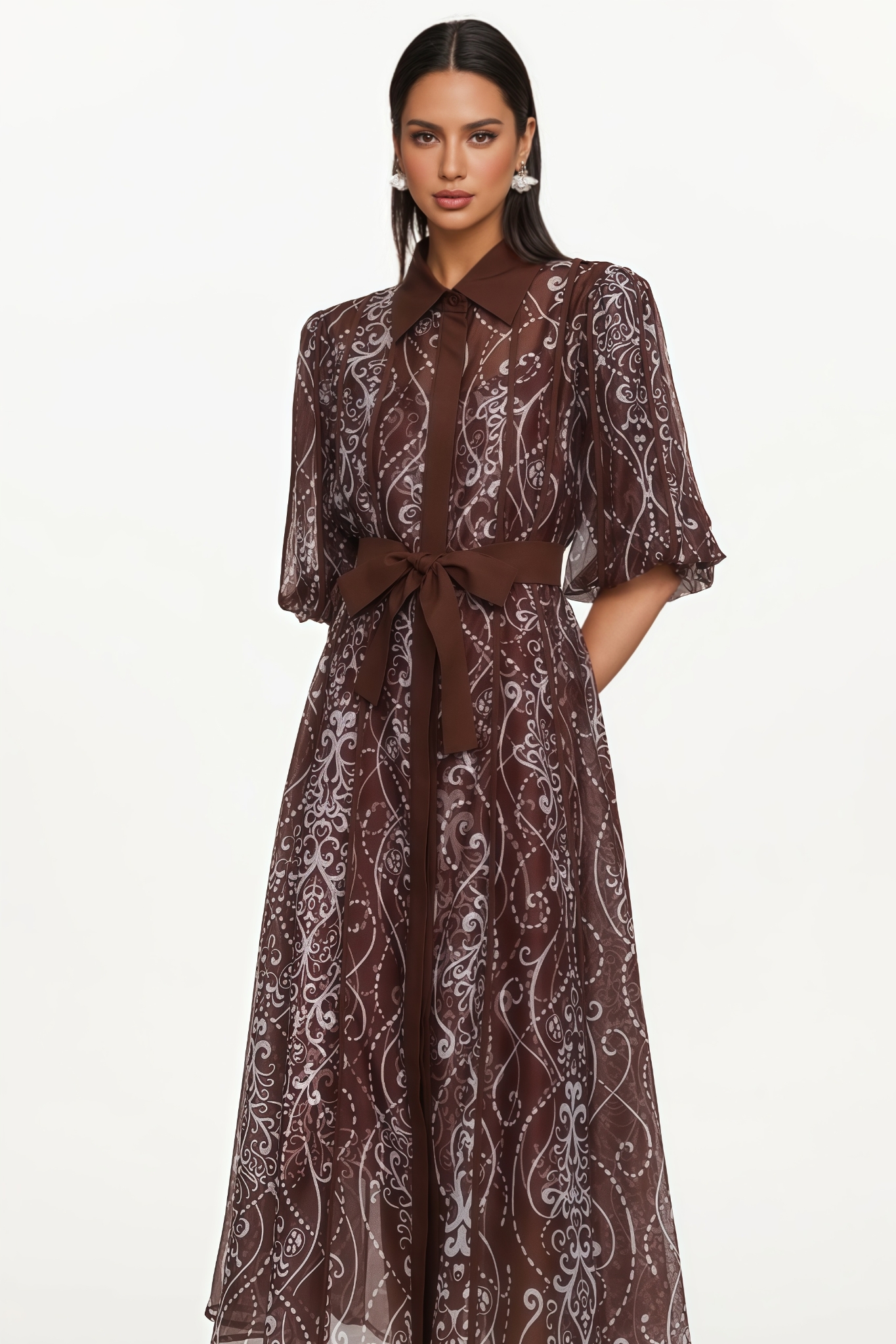 Avhry Puff Sleeve Floral Brown Maxi Dress