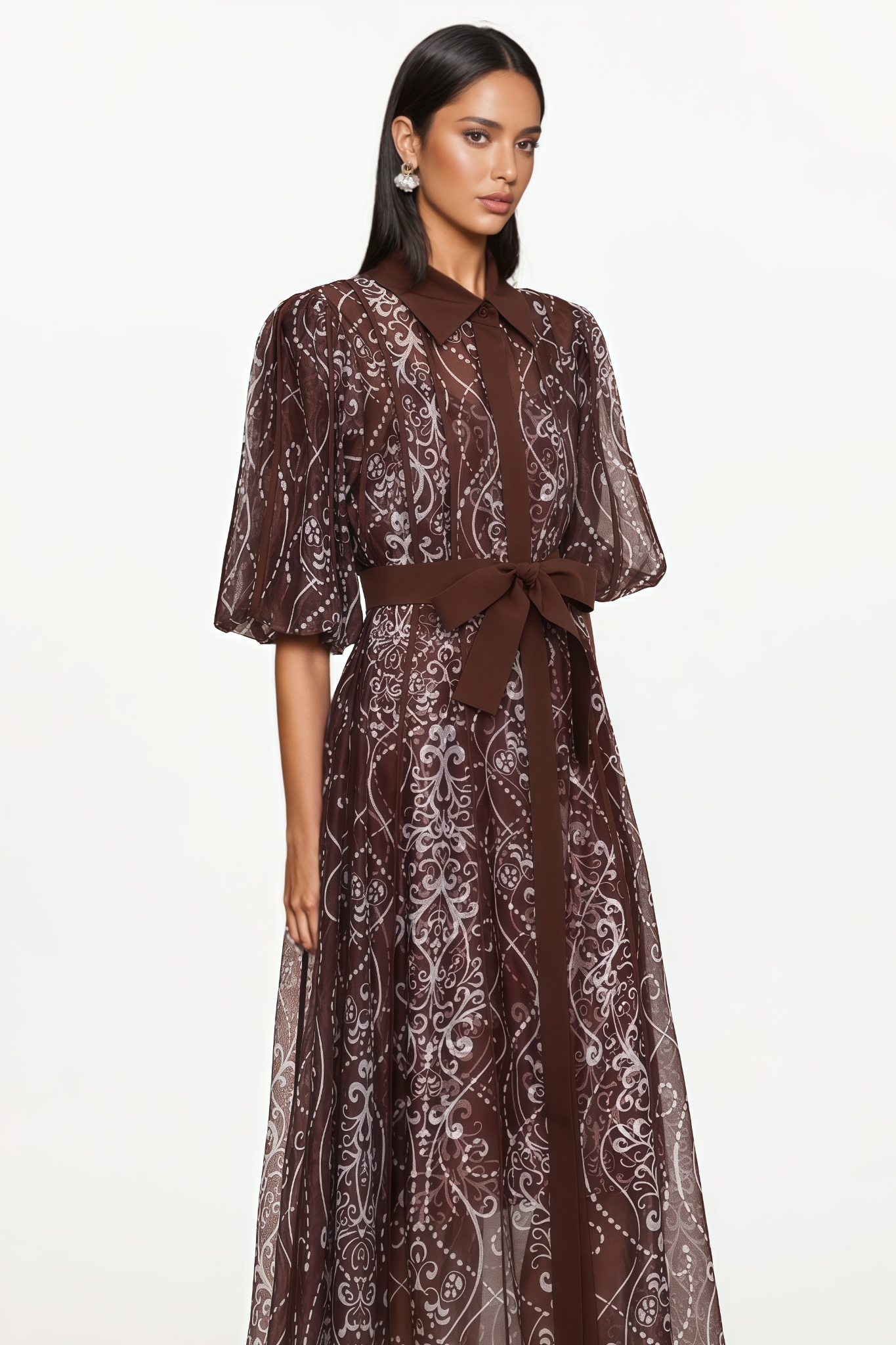 Avhry Puff Sleeve Floral Brown Maxi Dress