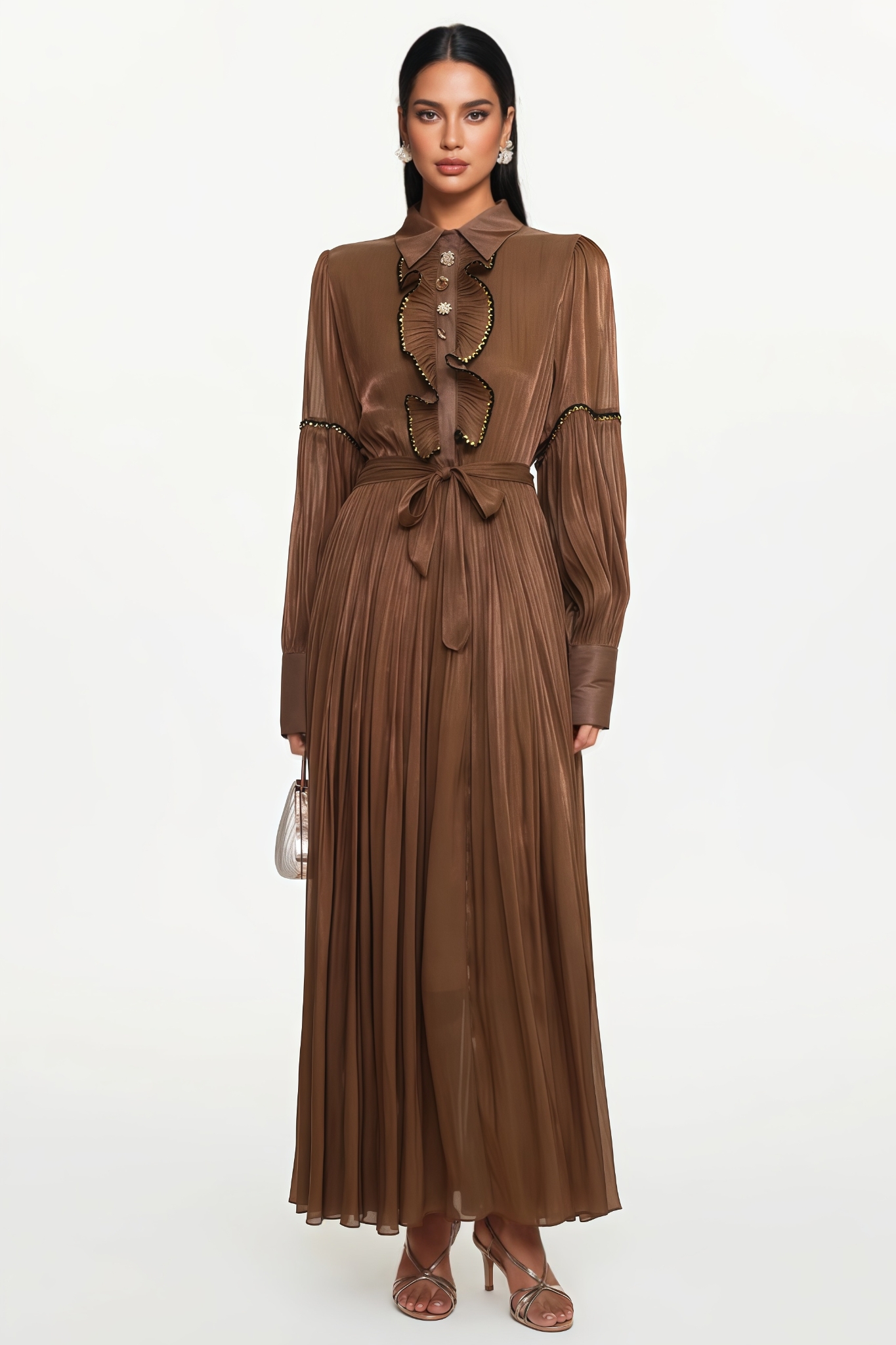 Samult Brown Long Sleeve Ruffle Maxi Dress