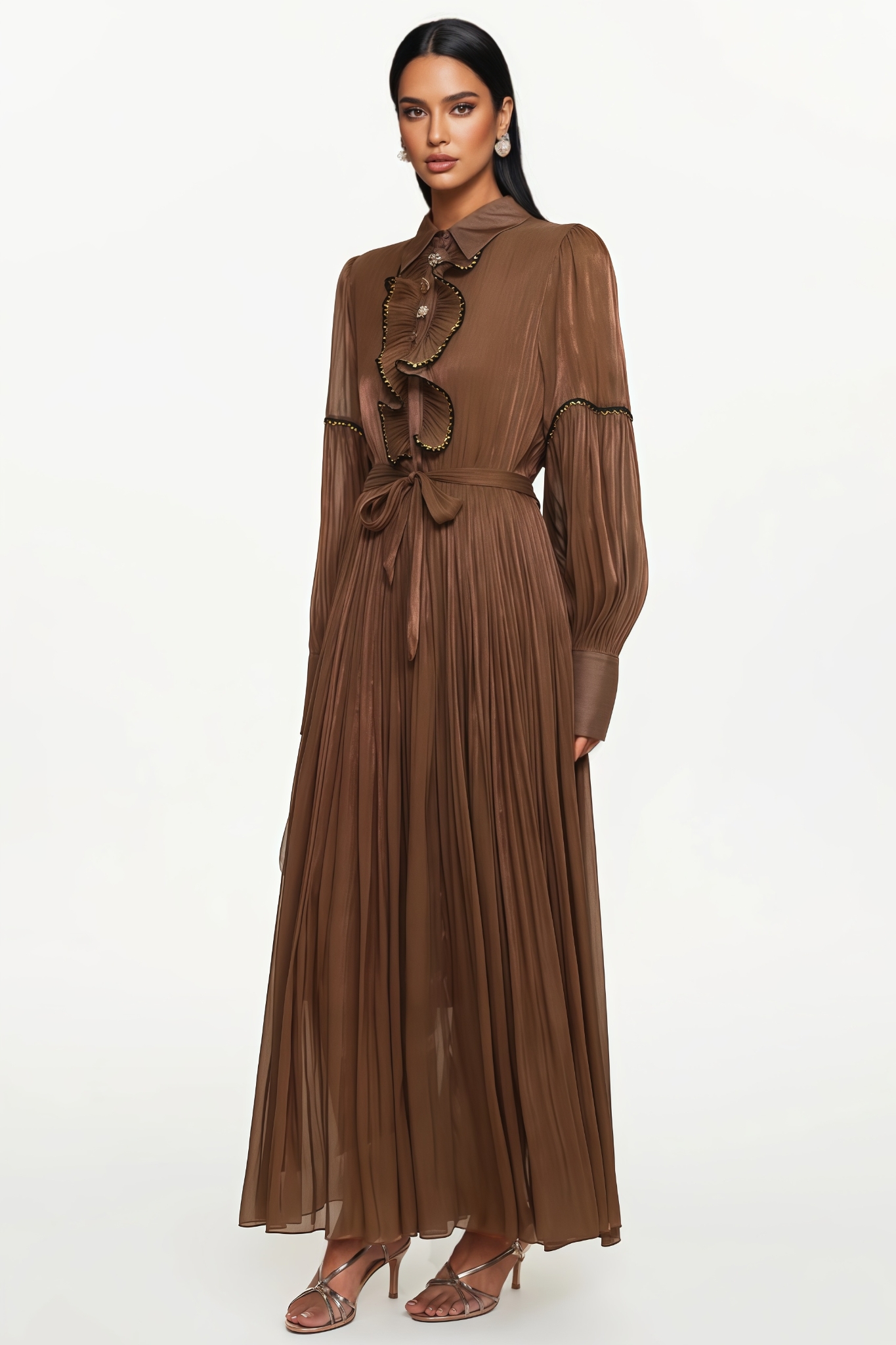 Samult Brown Long Sleeve Ruffle Maxi Dress