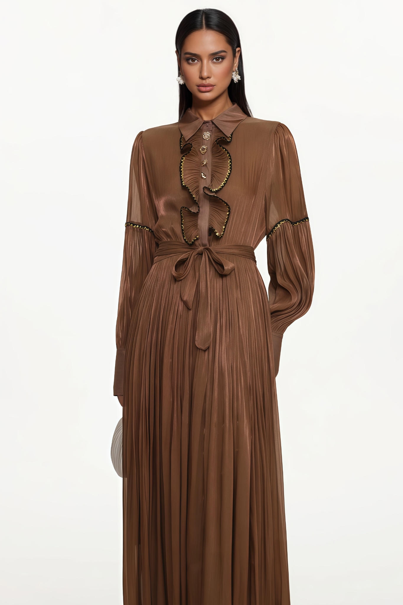 Samult Brown Long Sleeve Ruffle Maxi Dress