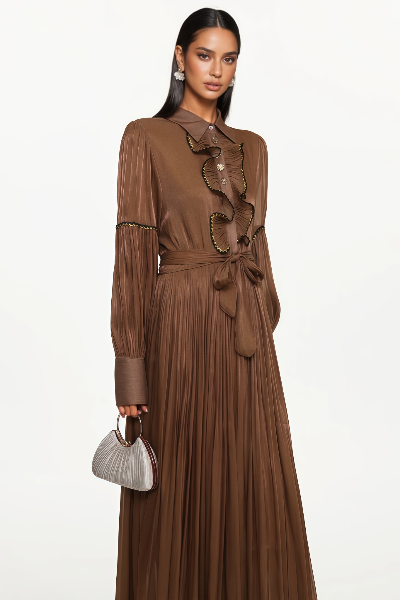 Samult Brown Long Sleeve Ruffle Maxi Dress