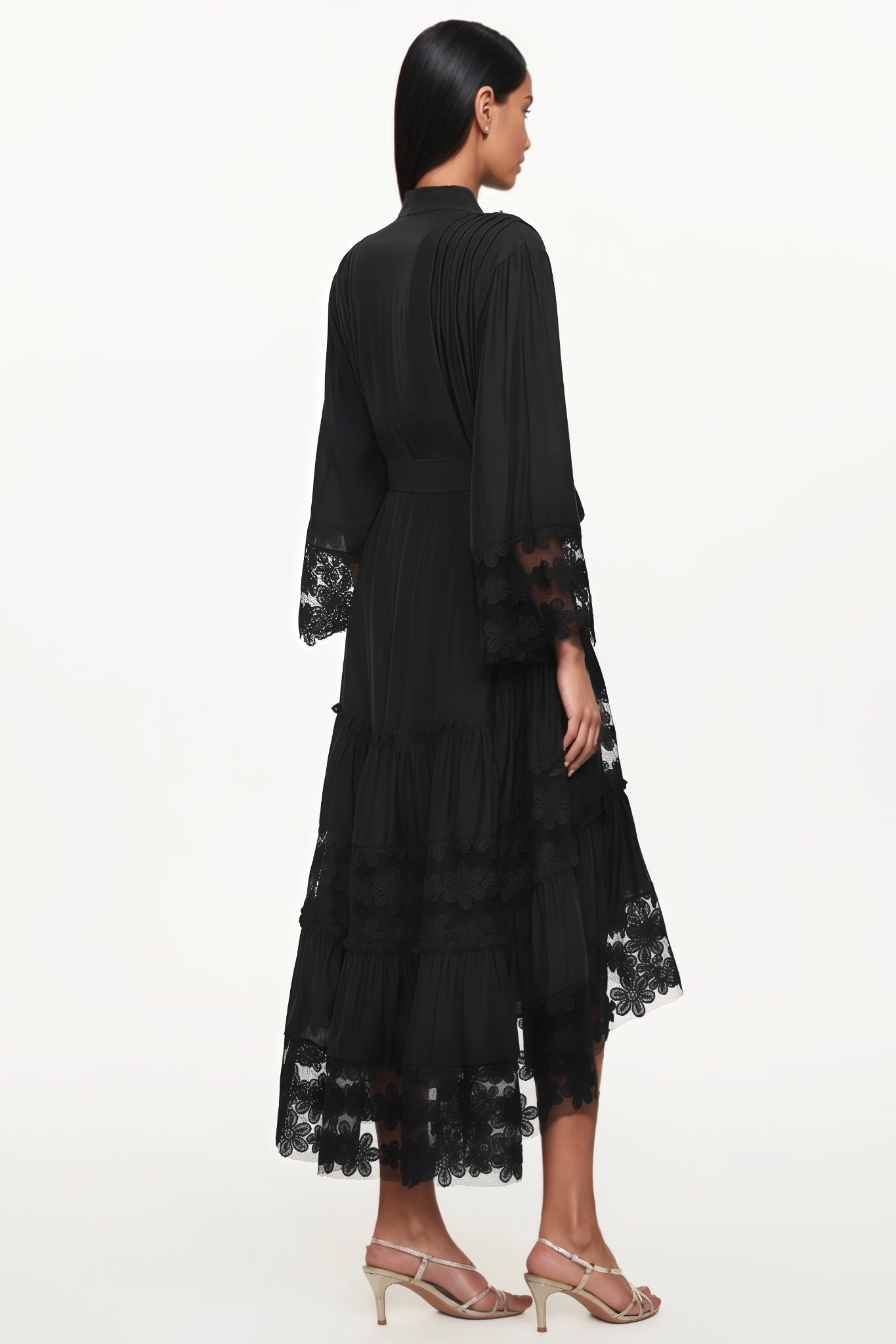 Sovfie Black Long Sleeve Ruched Floral Midi Dress