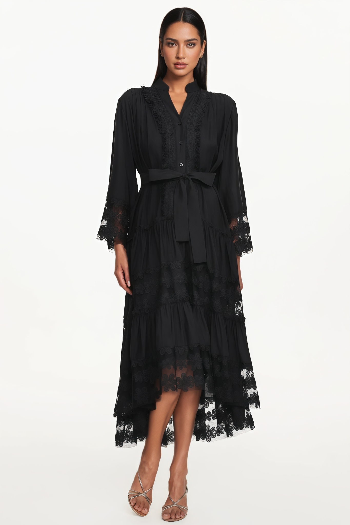 Sovfie Black Long Sleeve Ruched Floral Midi Dress