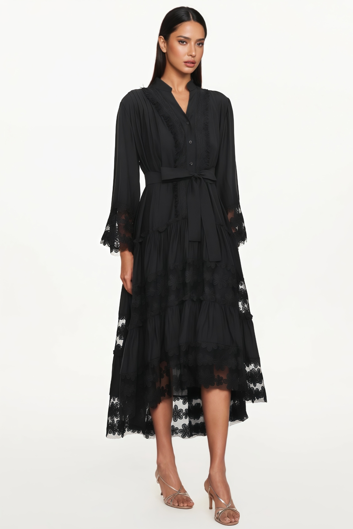 Sovfie Black Long Sleeve Ruched Floral Midi Dress