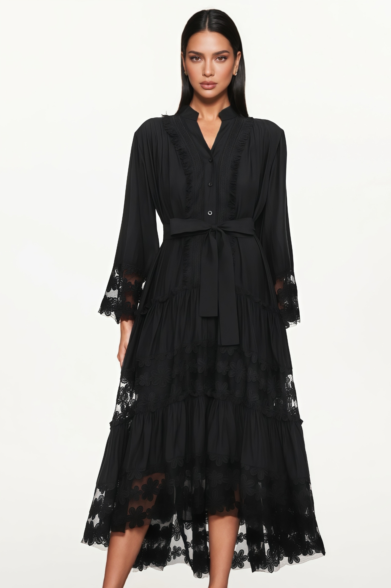 Sovfie Black Long Sleeve Ruched Floral Midi Dress