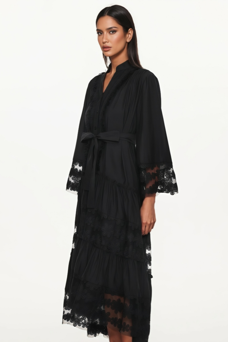 Sovfie Black Long Sleeve Ruched Floral Midi Dress