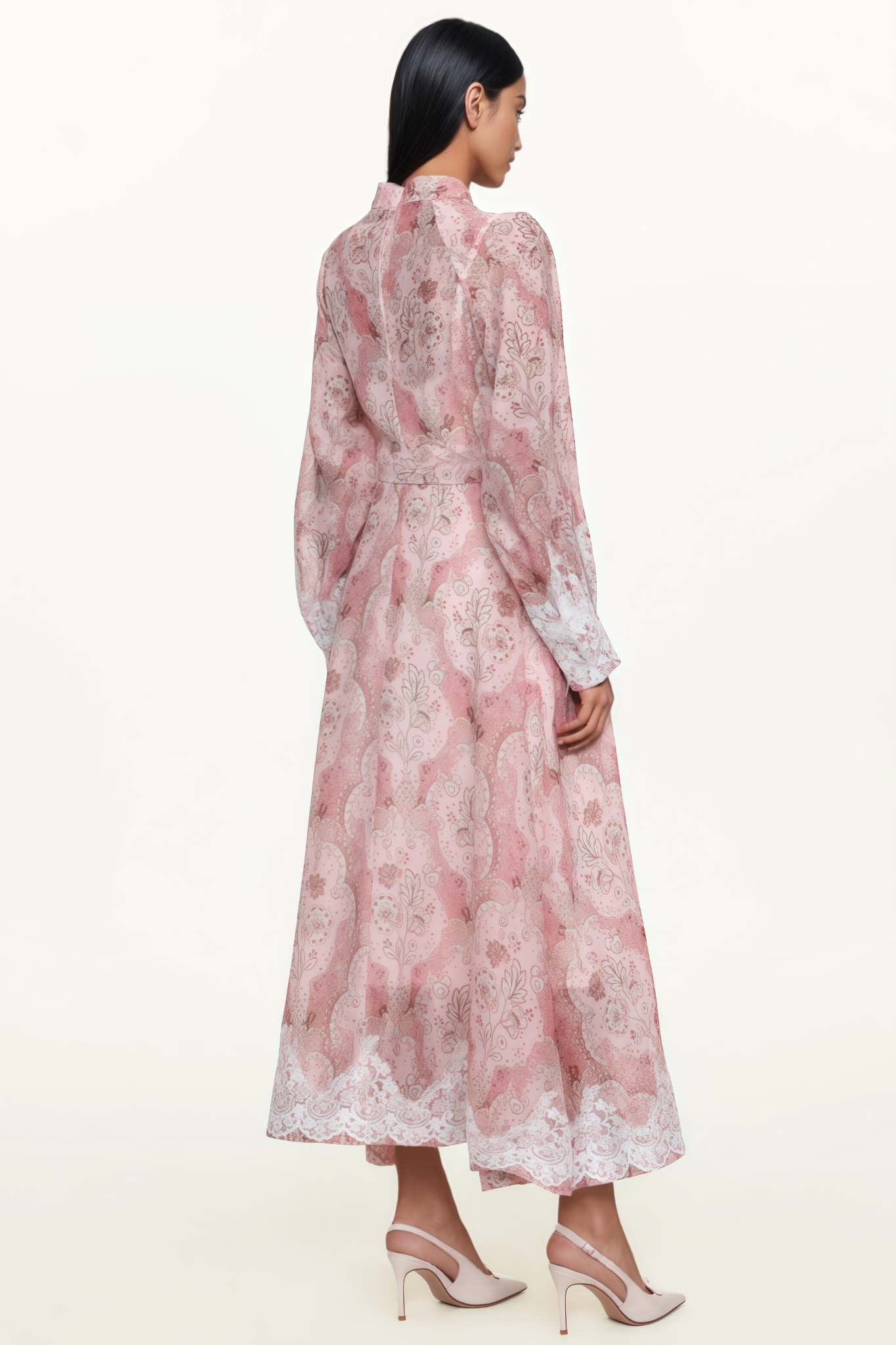 Scrletk Pink Long Sleeve Floral Print Lace Maxi Dress
