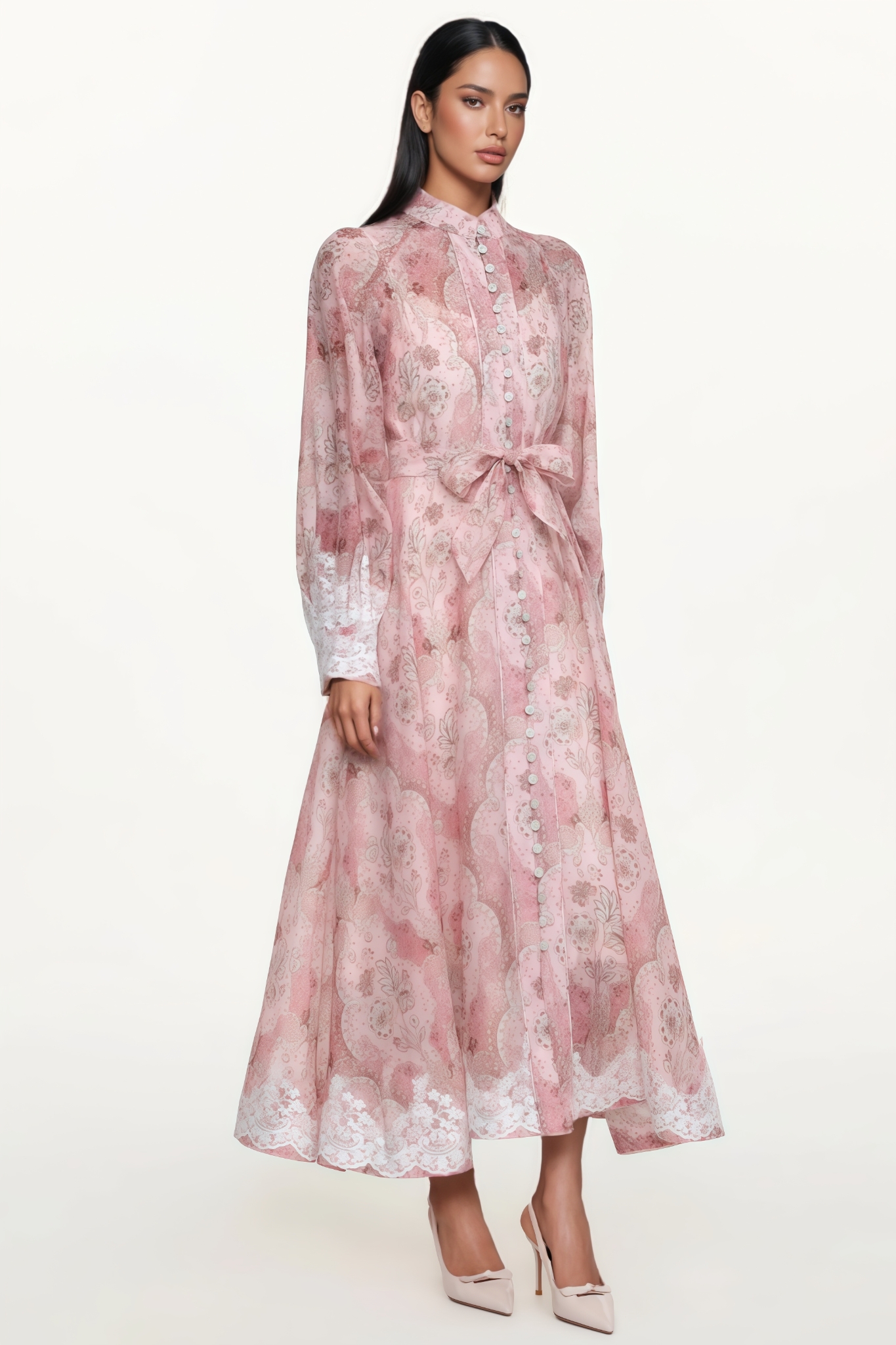 Scrletk Pink Long Sleeve Floral Print Lace Maxi Dress
