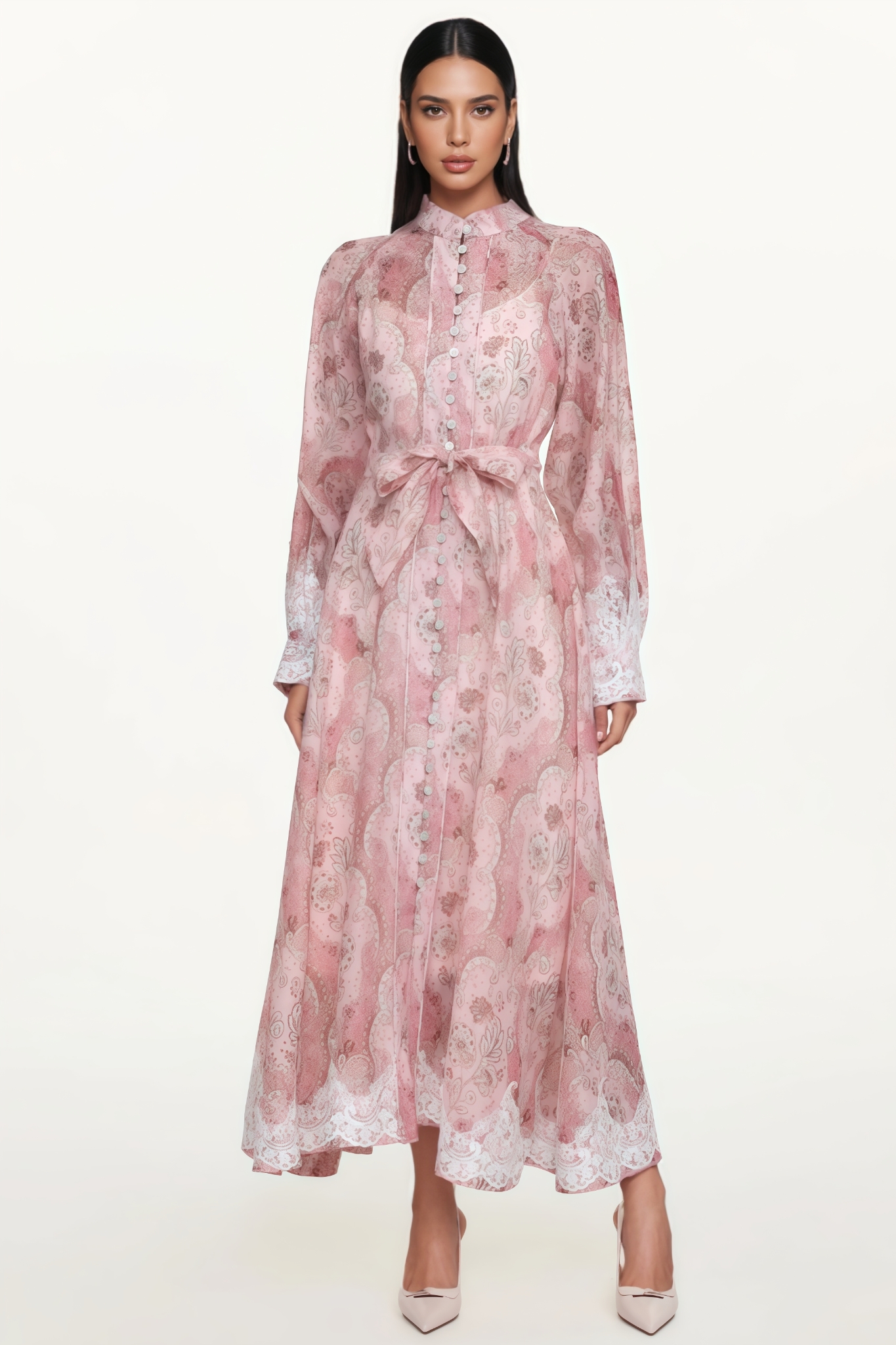 Scrletk Pink Long Sleeve Floral Print Lace Maxi Dress